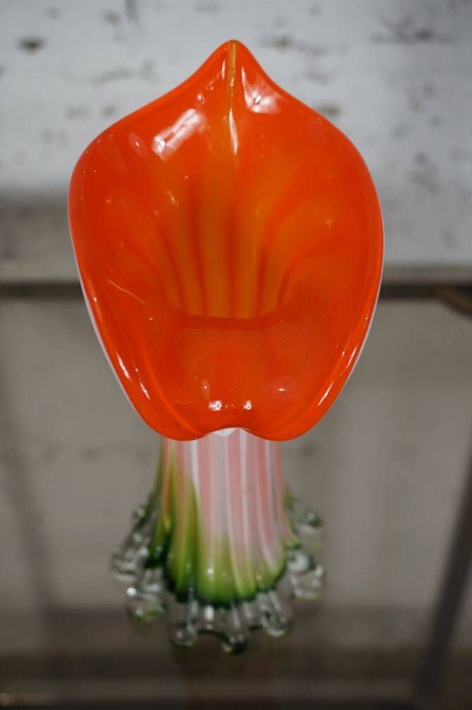 Murano blown glass soliflore vase in the shape of a green and red Calla flower