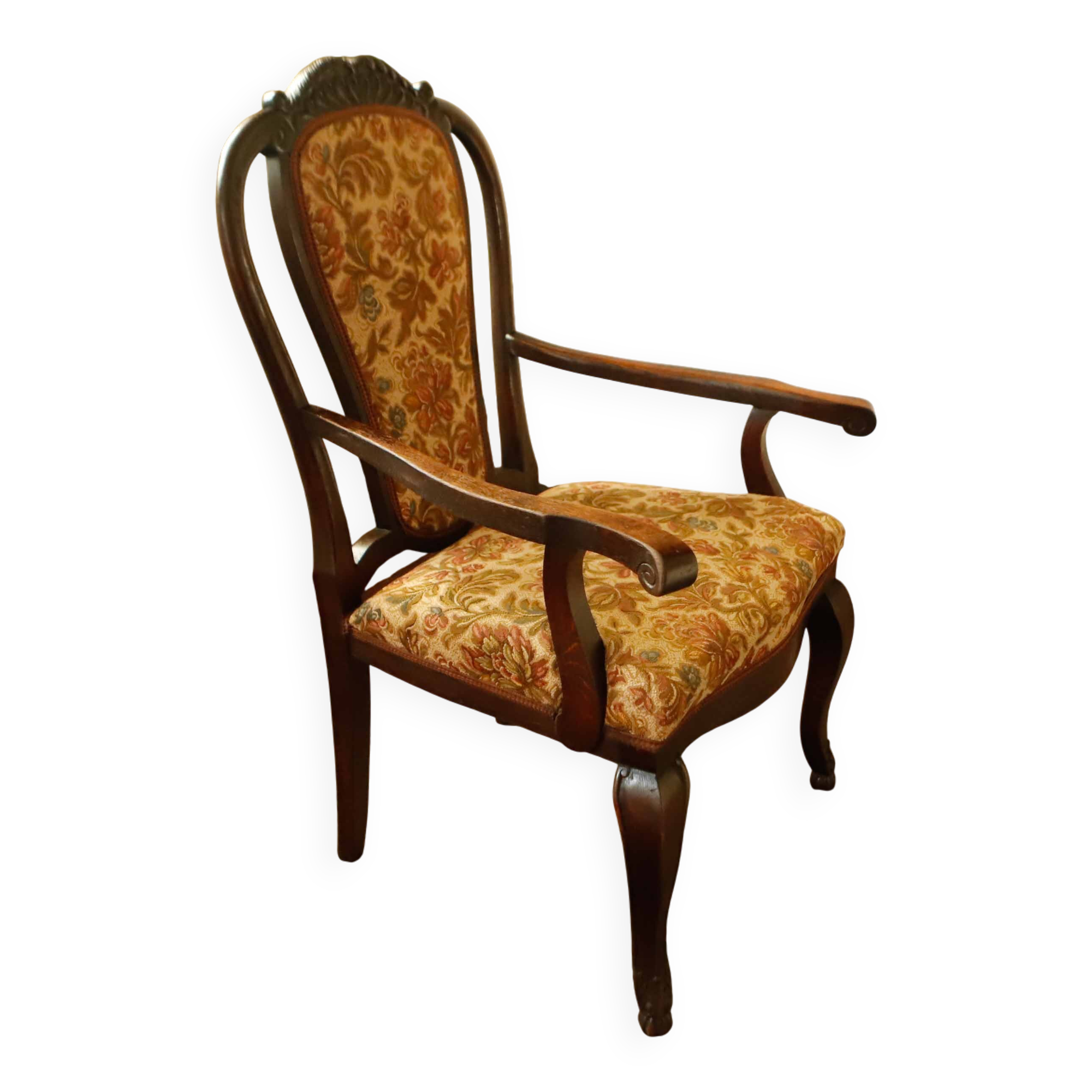 Antique Queen Anne Revival Carver Armchair with Floral Tapestry Upholstery