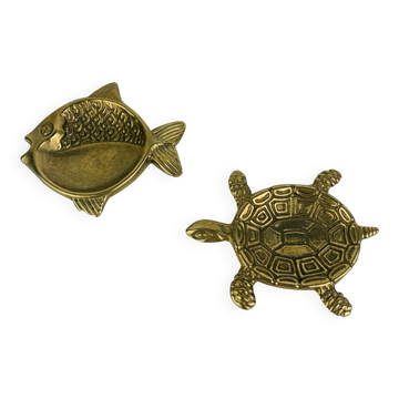 Paire de vide poche animaux en laiton, poisson et tortue