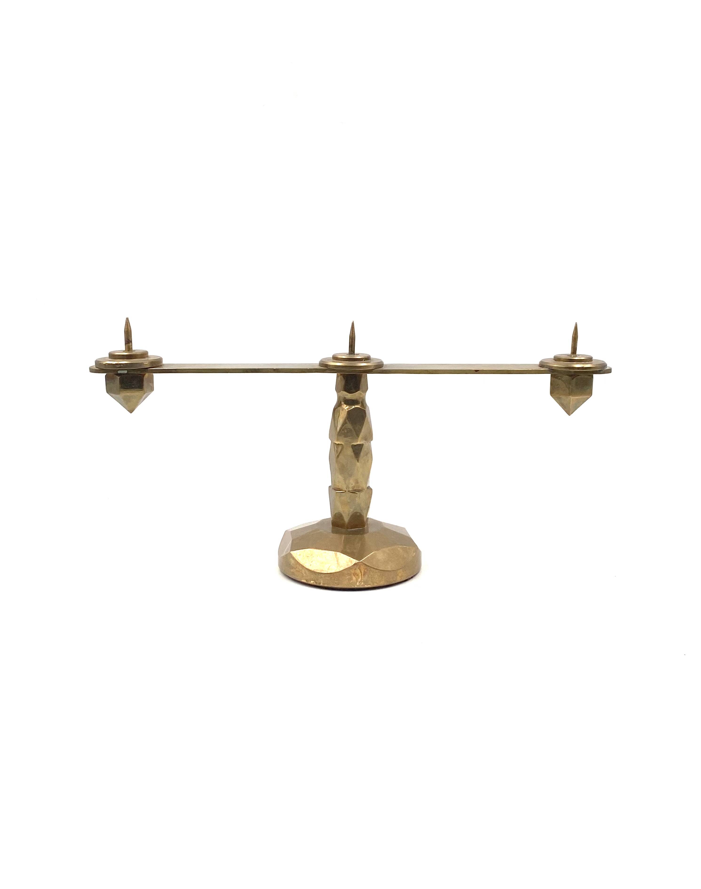 Brutalist brass pair of candle holders, France 1970