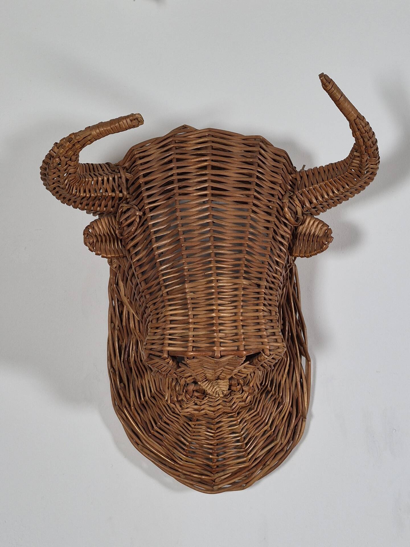 Vintage mid century wicker bull head sculpture