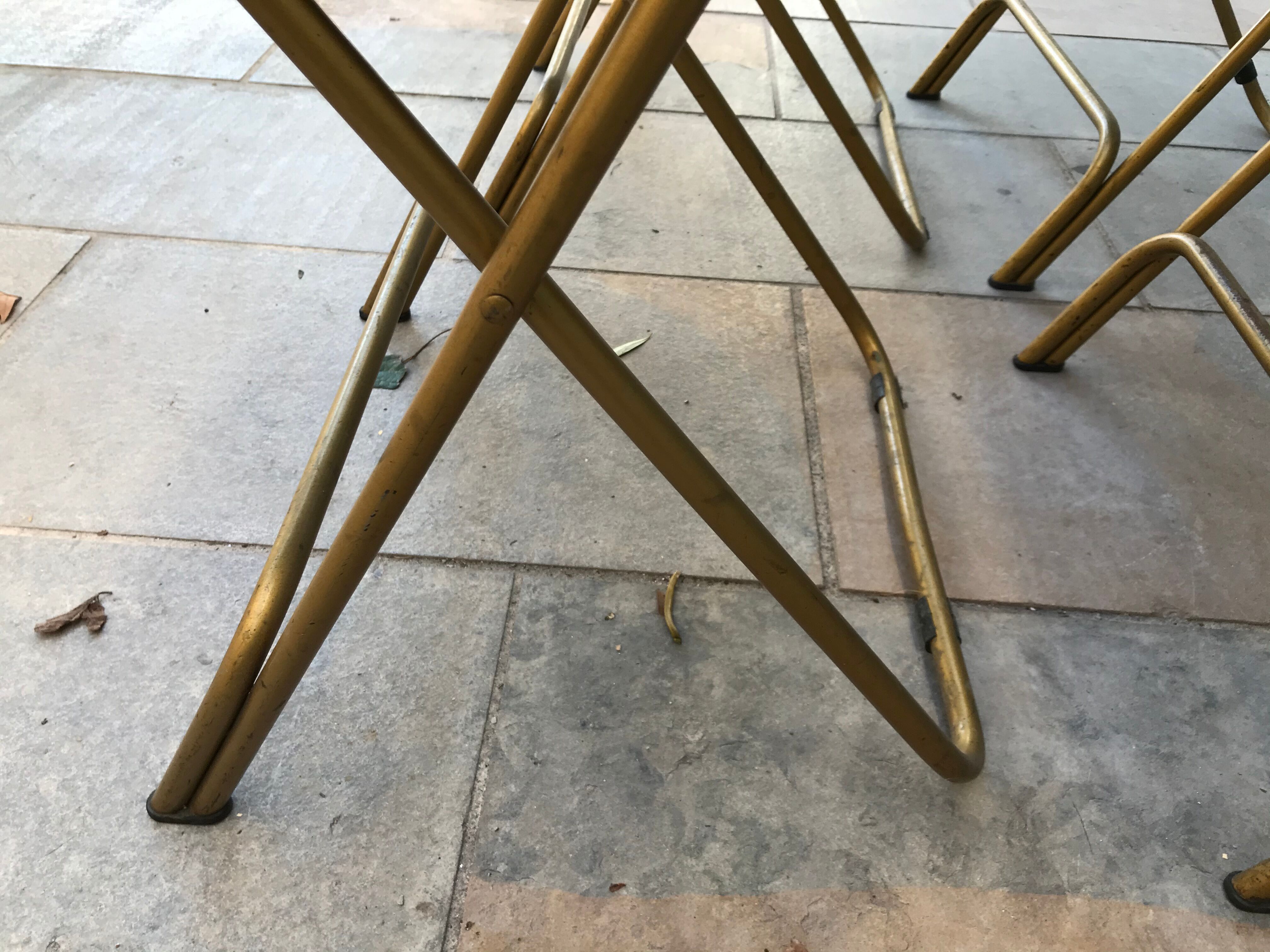 Set of 4 folding chairs in brass and mustard velvet striped by "Lafuma" 1960