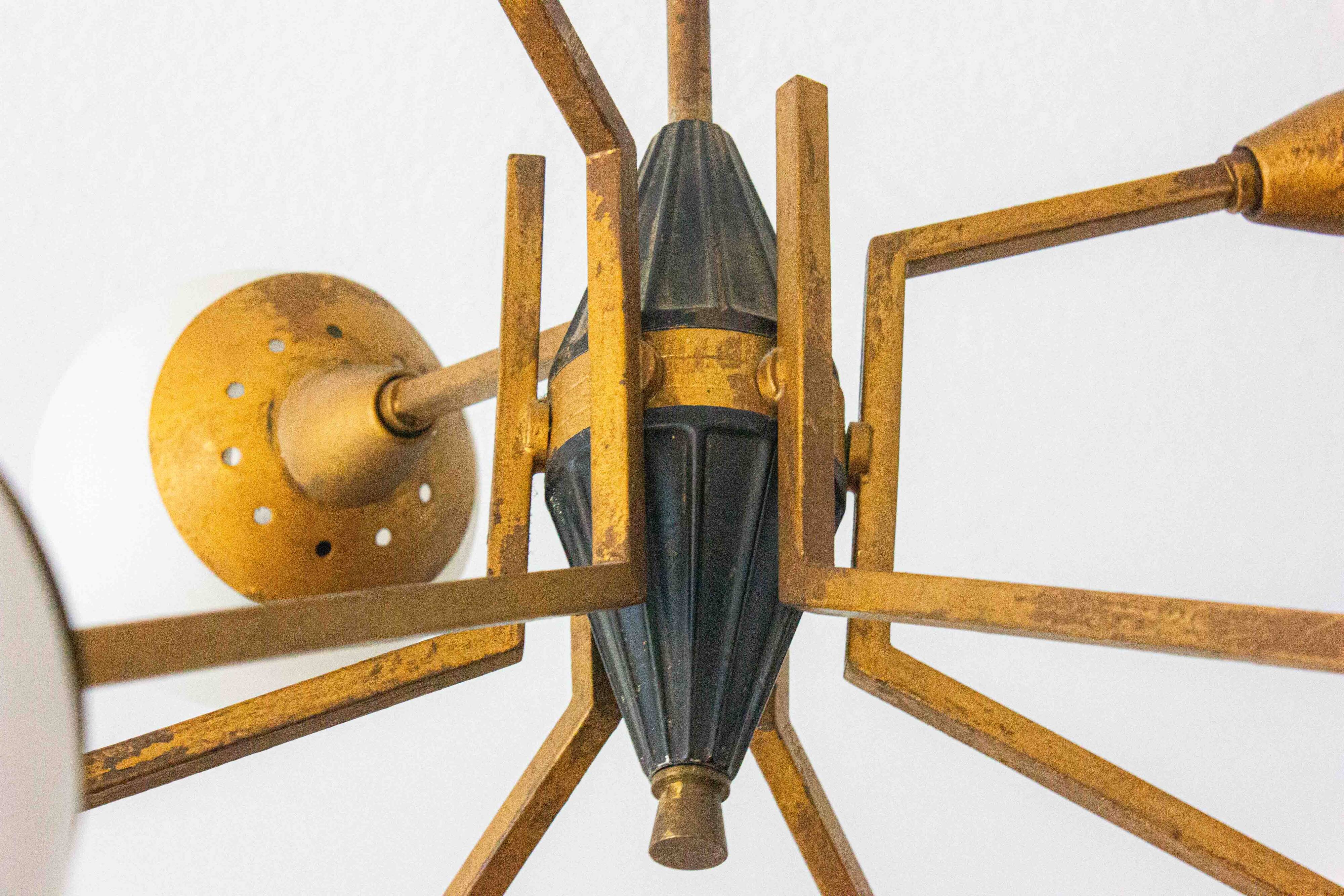 Impressive brass chandelier with opaline globes, Italy 1960s