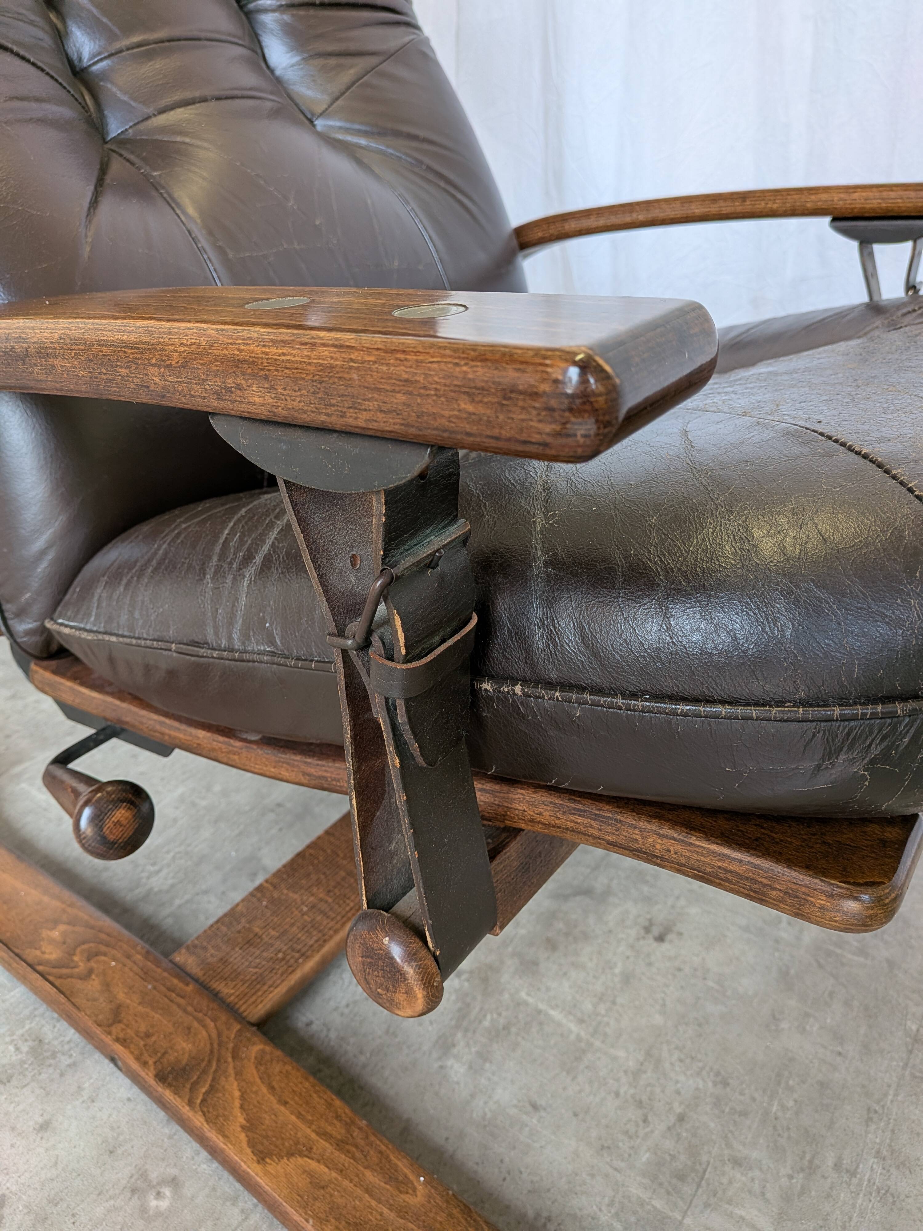 Vintage Panther Lounge Chair with Ottoman / Brown Leather Recliner Armchair