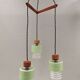 Three-part pendant in crystal glass, teak wood, and thin dusty green metal