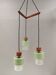 Three-part pendant in crystal glass, teak wood, and thin dusty green metal