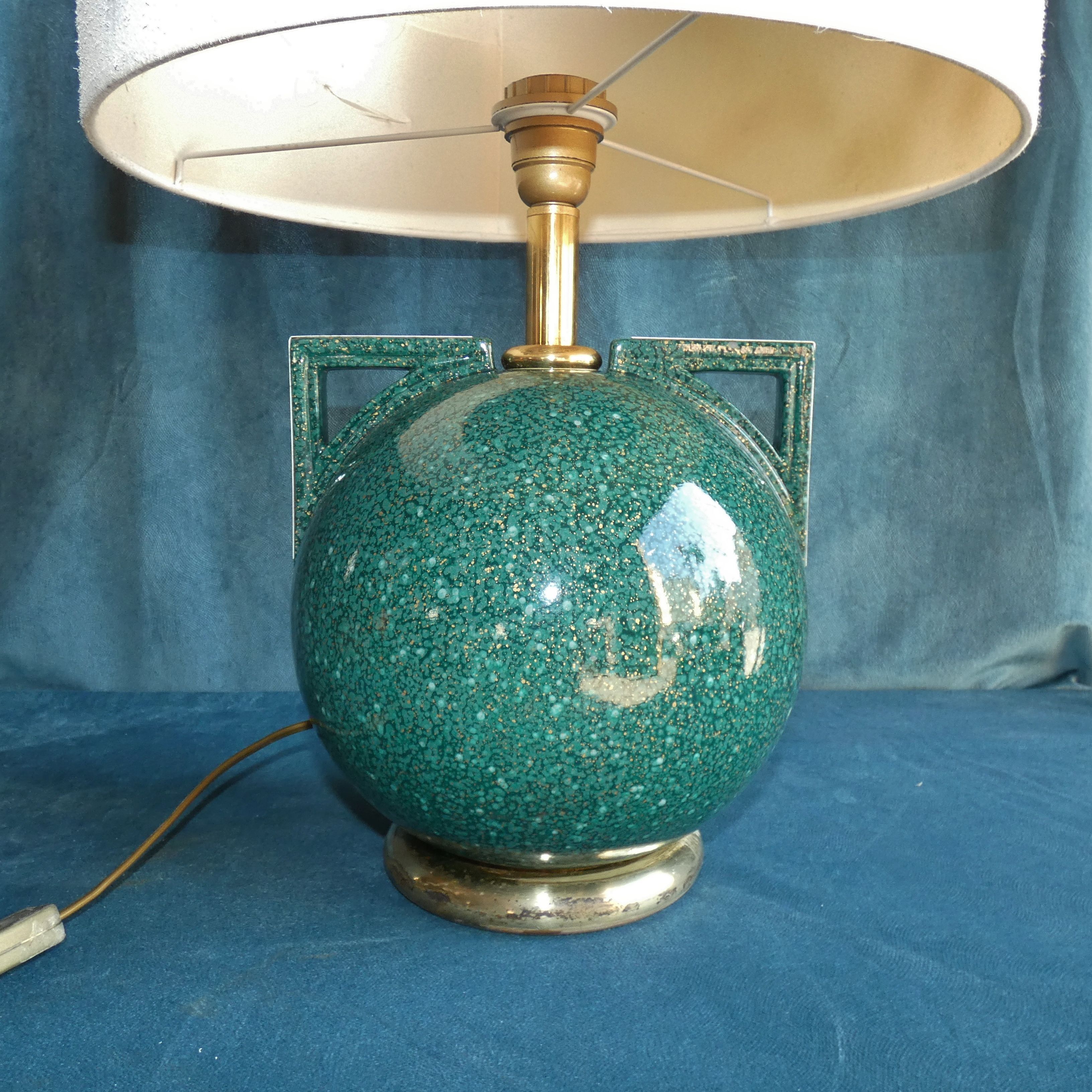 Lamp ball in ceramic green gold style art deco french work circa 1980