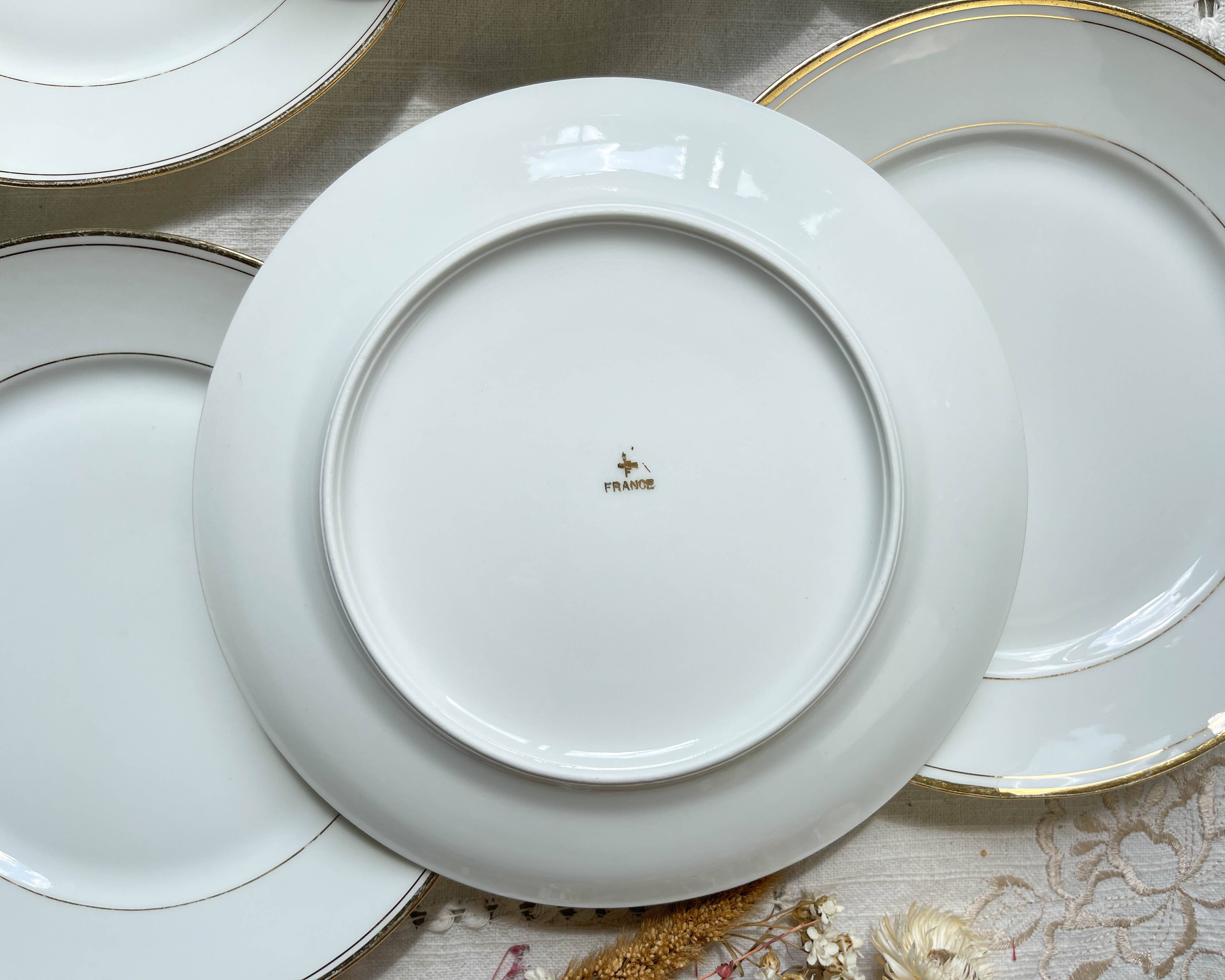 6 Petites assiettes vintage Française en porcelaine de Limoges blanche dorée