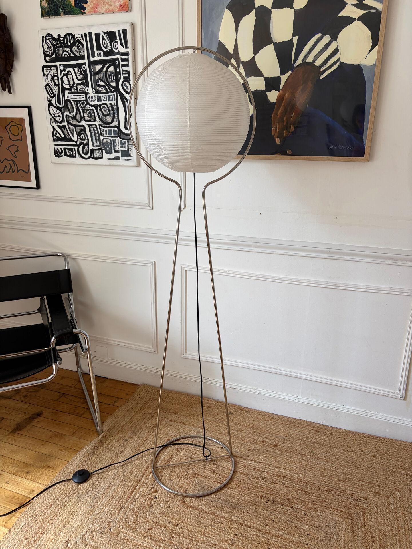 Chrome metal floor lamp and rice paper Vate for IKEA 1990