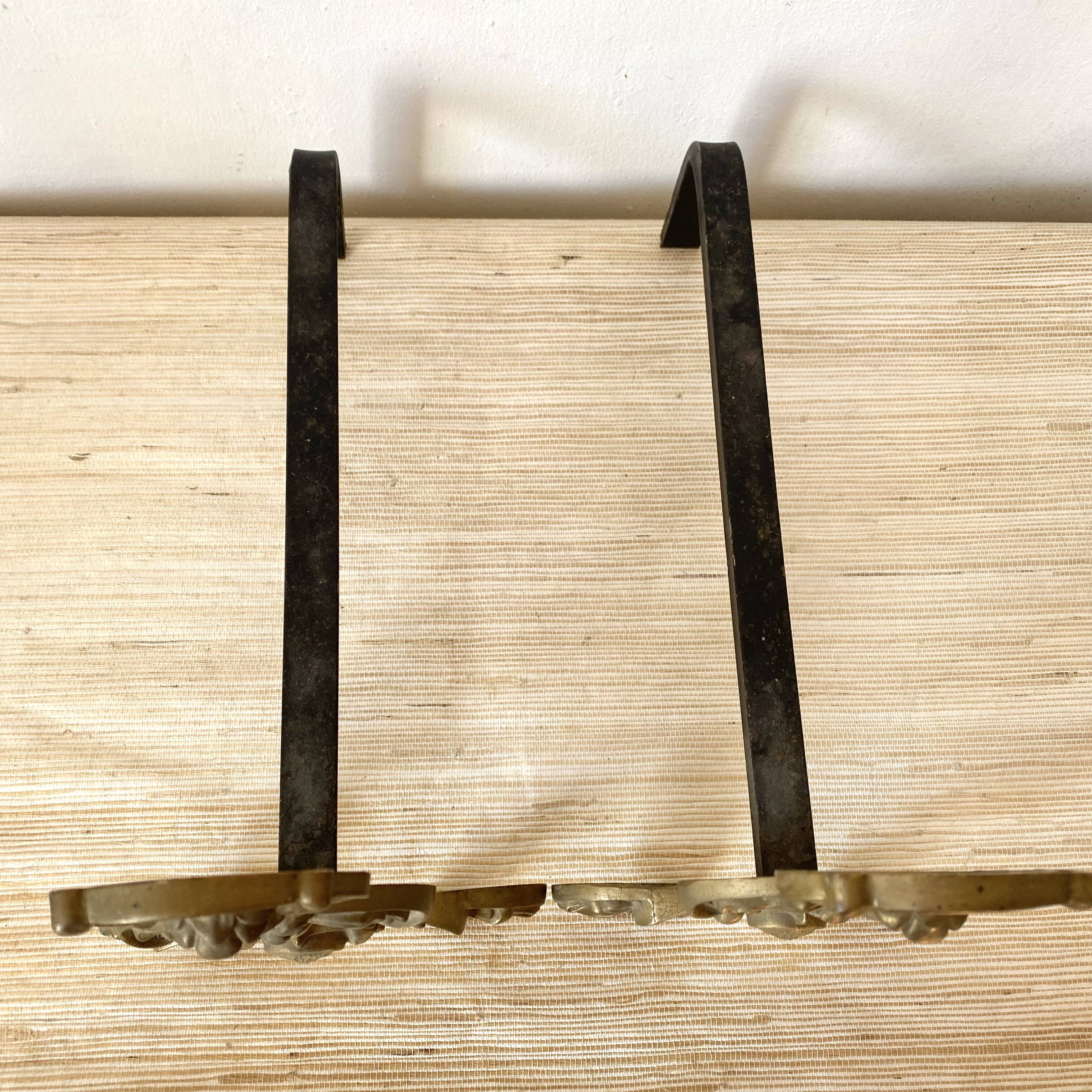 Pair of brass andirons, lion head