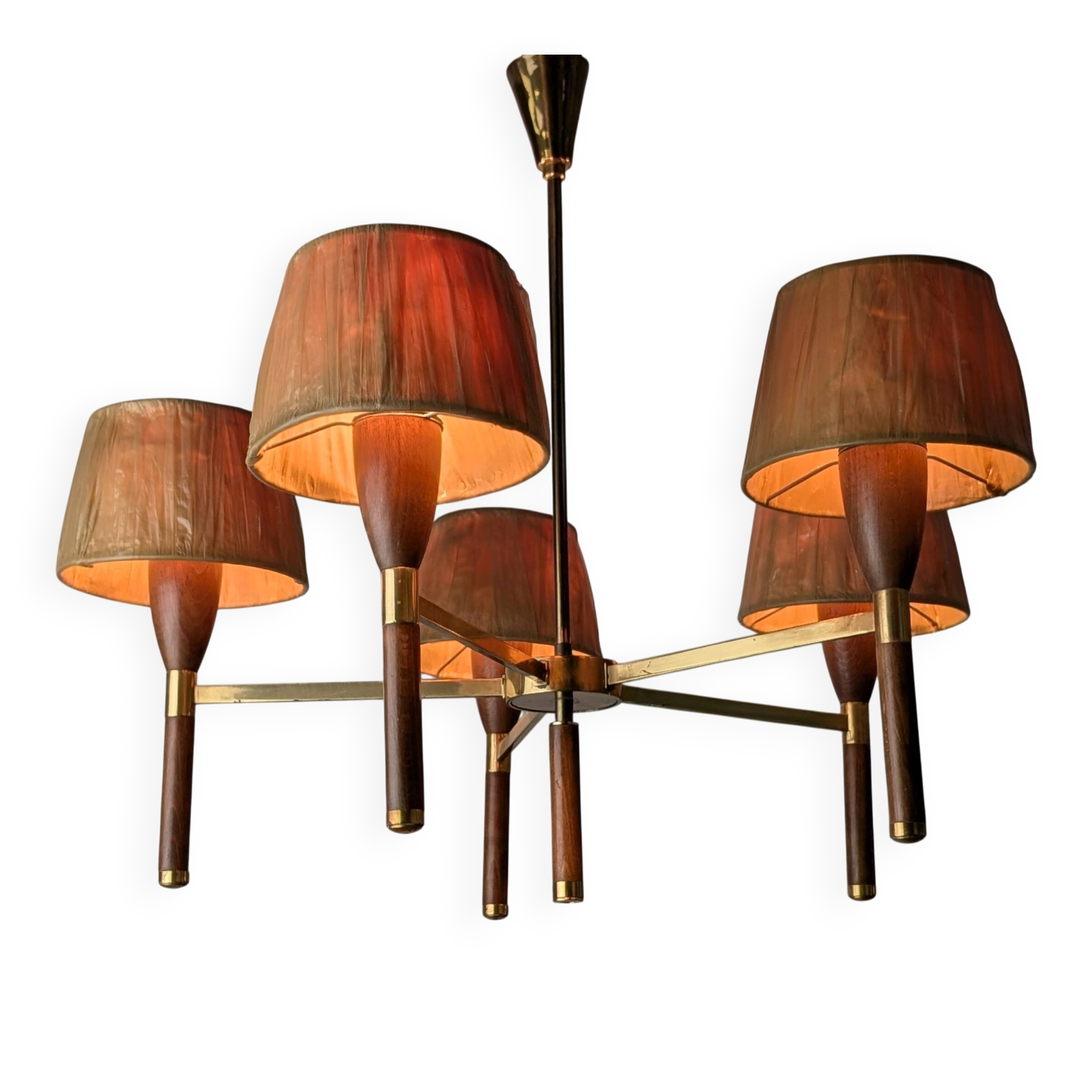 Danish five-arm lamp in wood and brass, 1950s