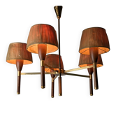 Danish five-arm lamp in wood and brass, 1950s