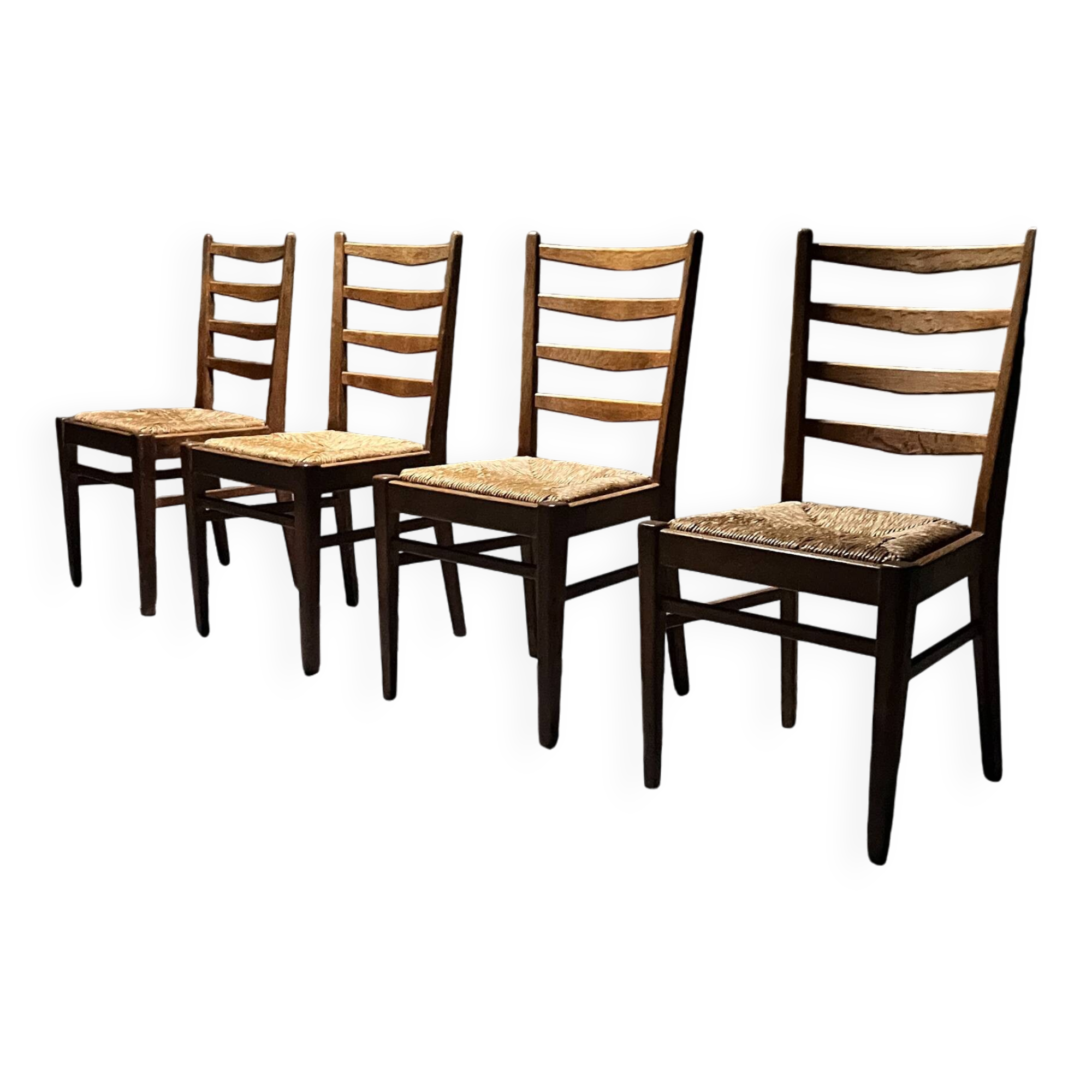 Set of 4 Dutch Oak and Rush Dining Chairs, 1950s