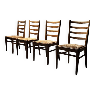 Lot de 4 chaises de salle à manger hollandaises en chêne et jonc, années 1950