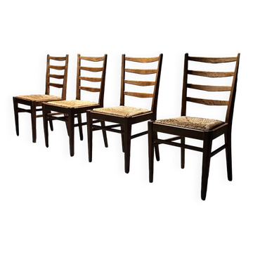 Lot de 4 chaises de salle à manger hollandaises en chêne et jonc, années 1950