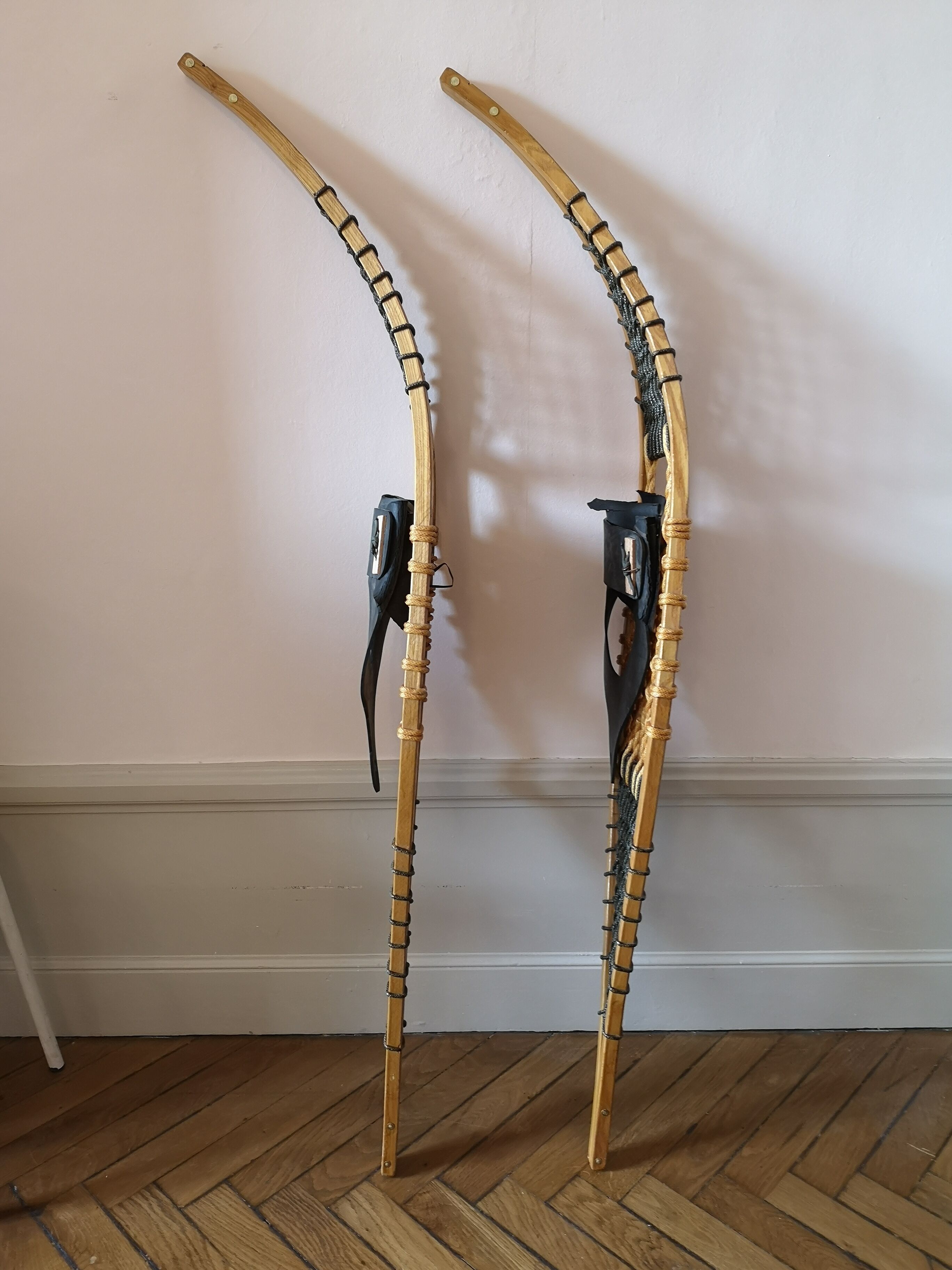 Pair of antique wooden snowshoes, vintage, 155 cm