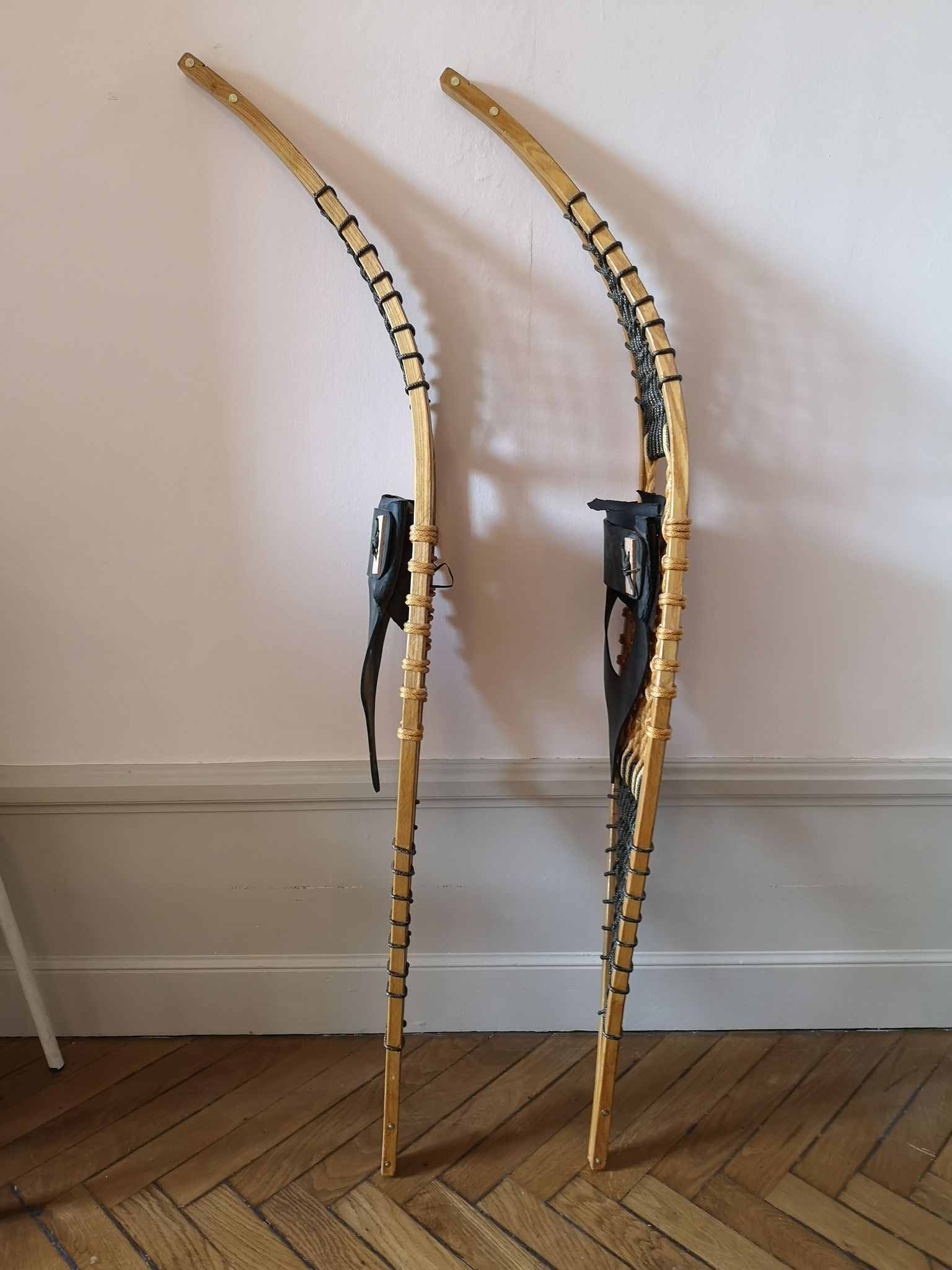 Pair of antique wooden snowshoes, vintage, 155 cm
