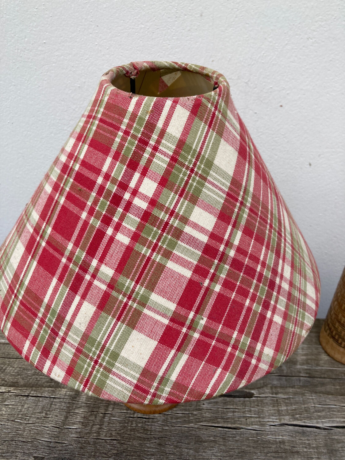 Wooden lamp and vintage red and green striped lampshade