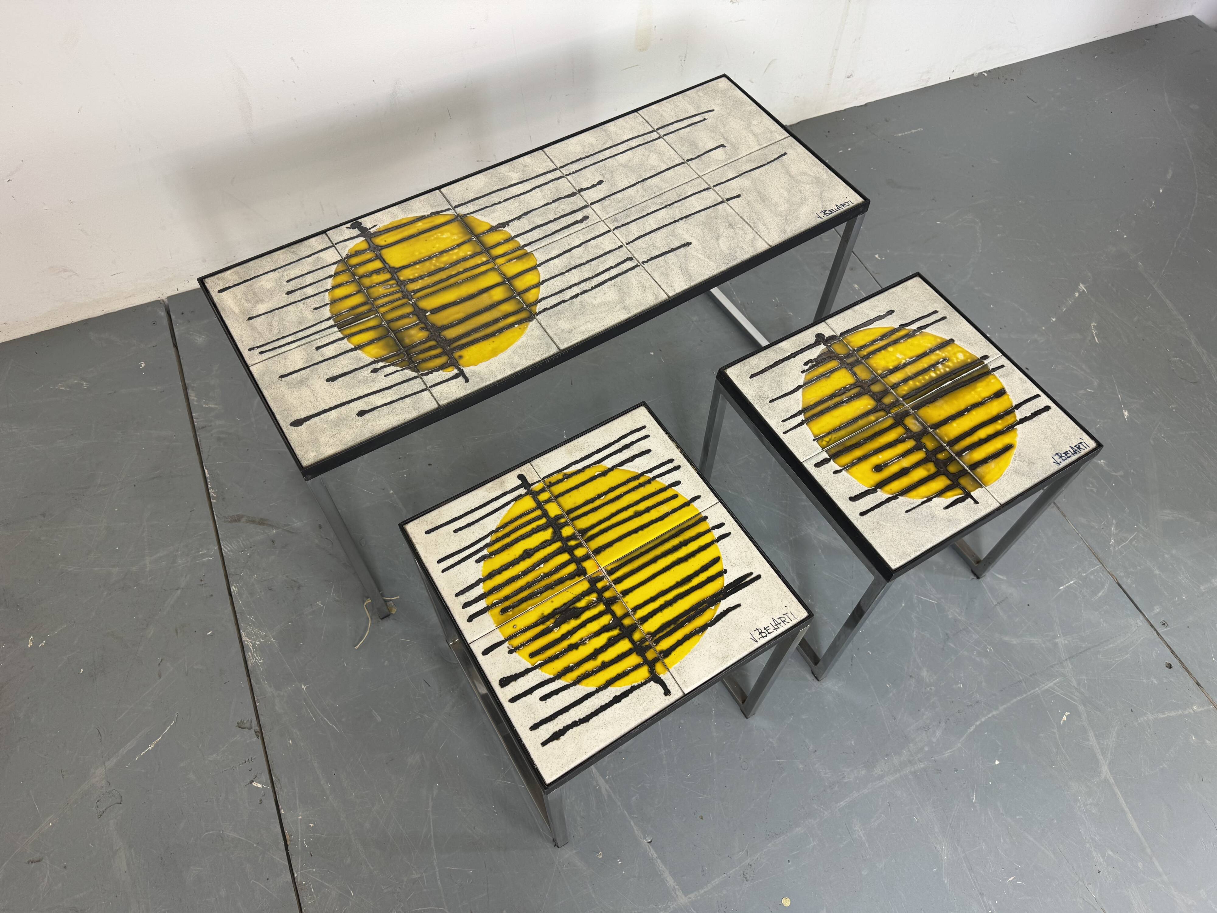 Mid Century Modernist Chrome and ceramic Belarti Coffee Side Table set 1950