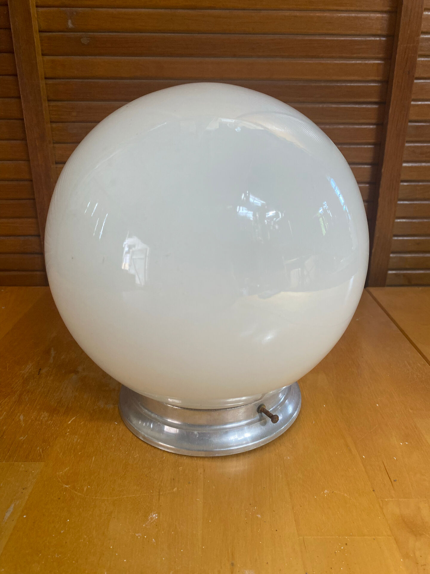Vintage Ceiling Light Opaline White Ball + Aluminium Support 50s #E