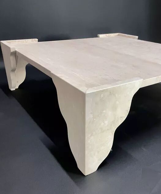 Large square coffee table in travertine by Claude Berraldacci. 1990s. France.