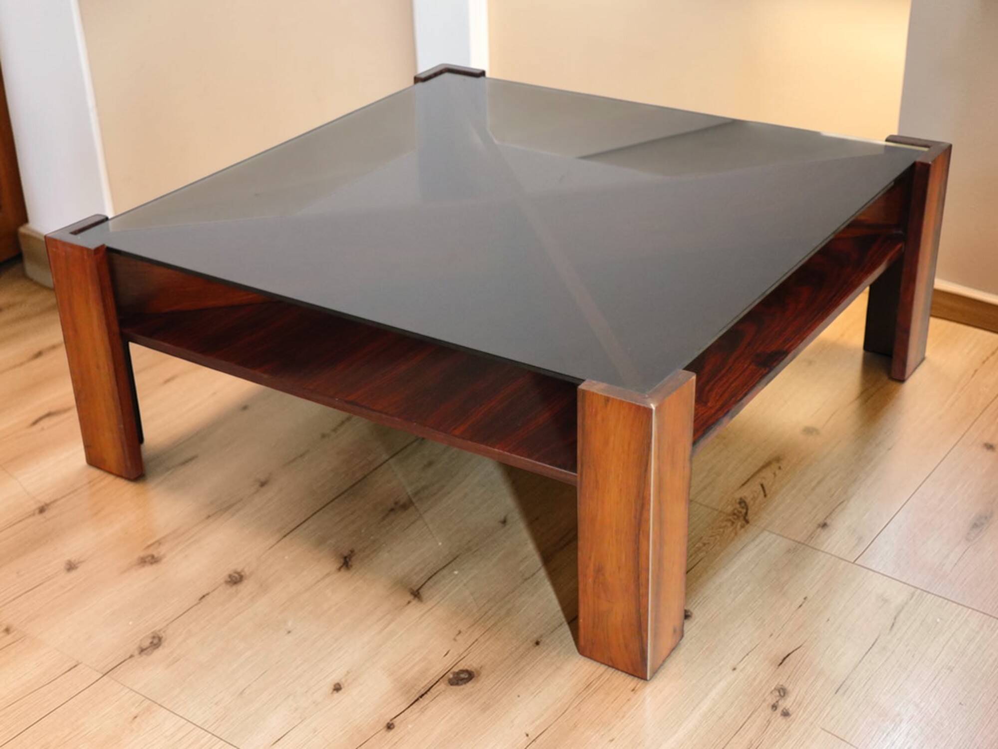 Scandinavian coffee table Mobelintarsia – Rosewood & smoked glass – 1960s