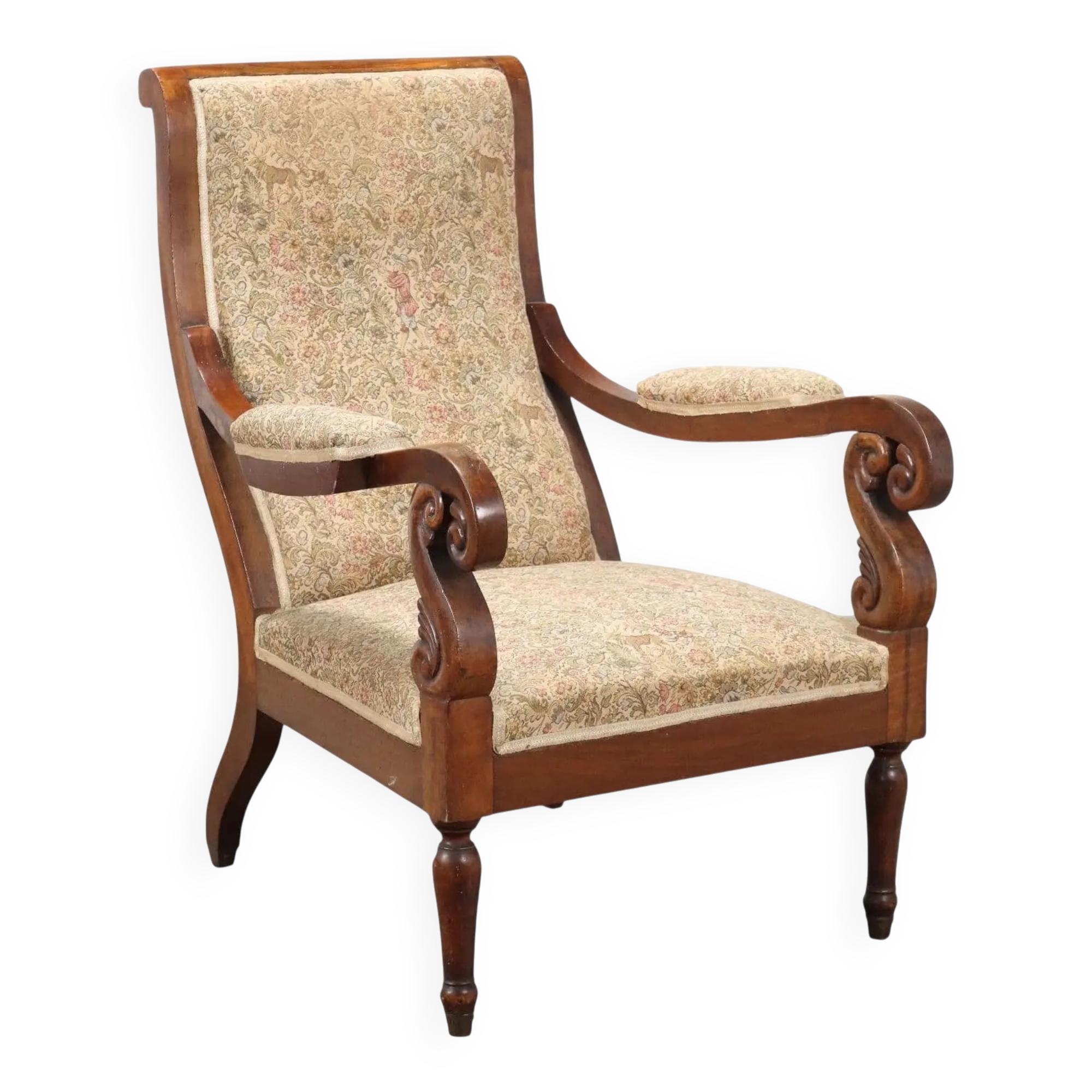 Antique Louis-Philippe armchair in walnut and fabric, Italy, 19th century