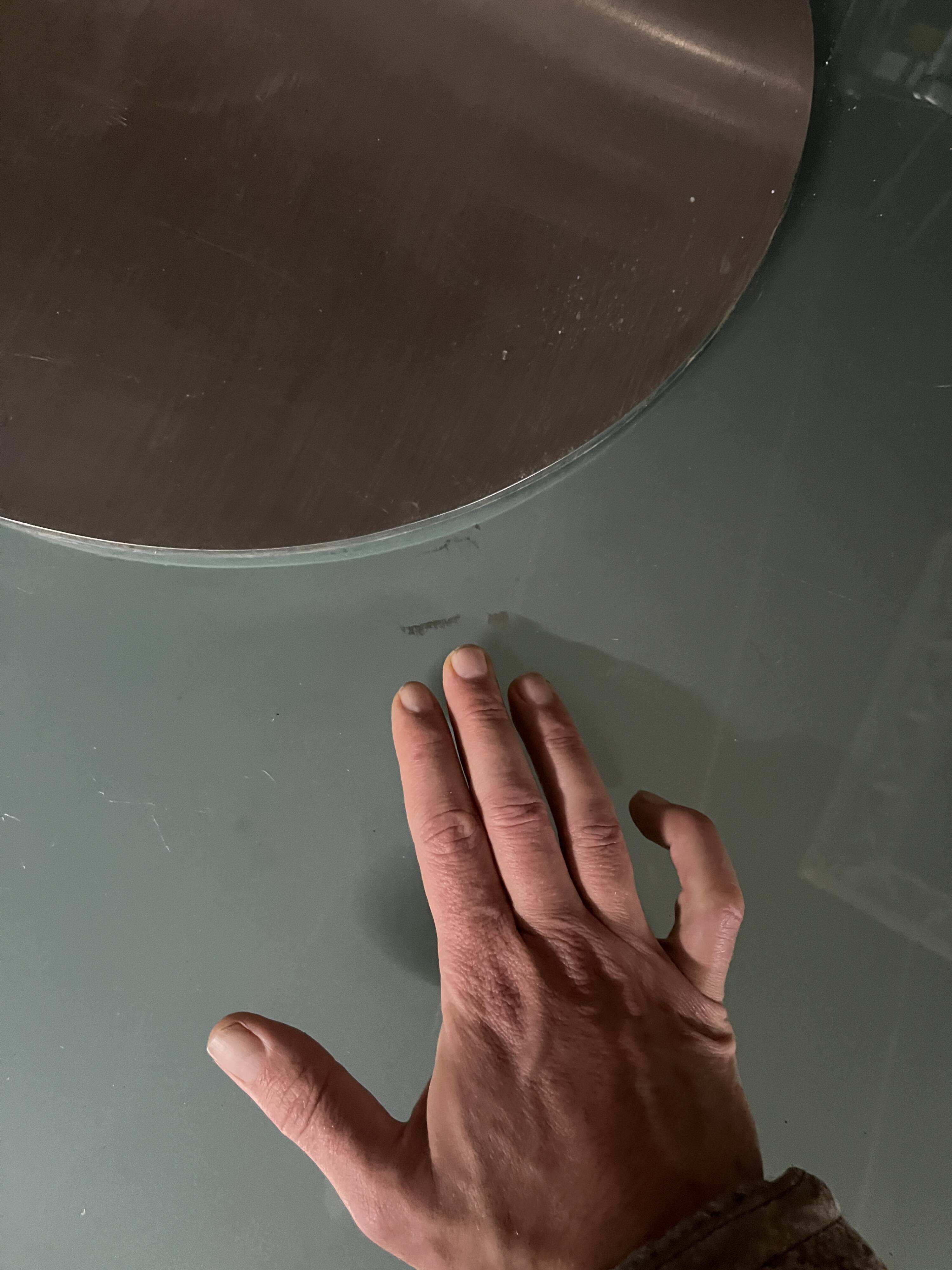 Translucent Frosted Glass Round Dining Table with Brushed Stainless Steel Pedestal — Industrial 1990s