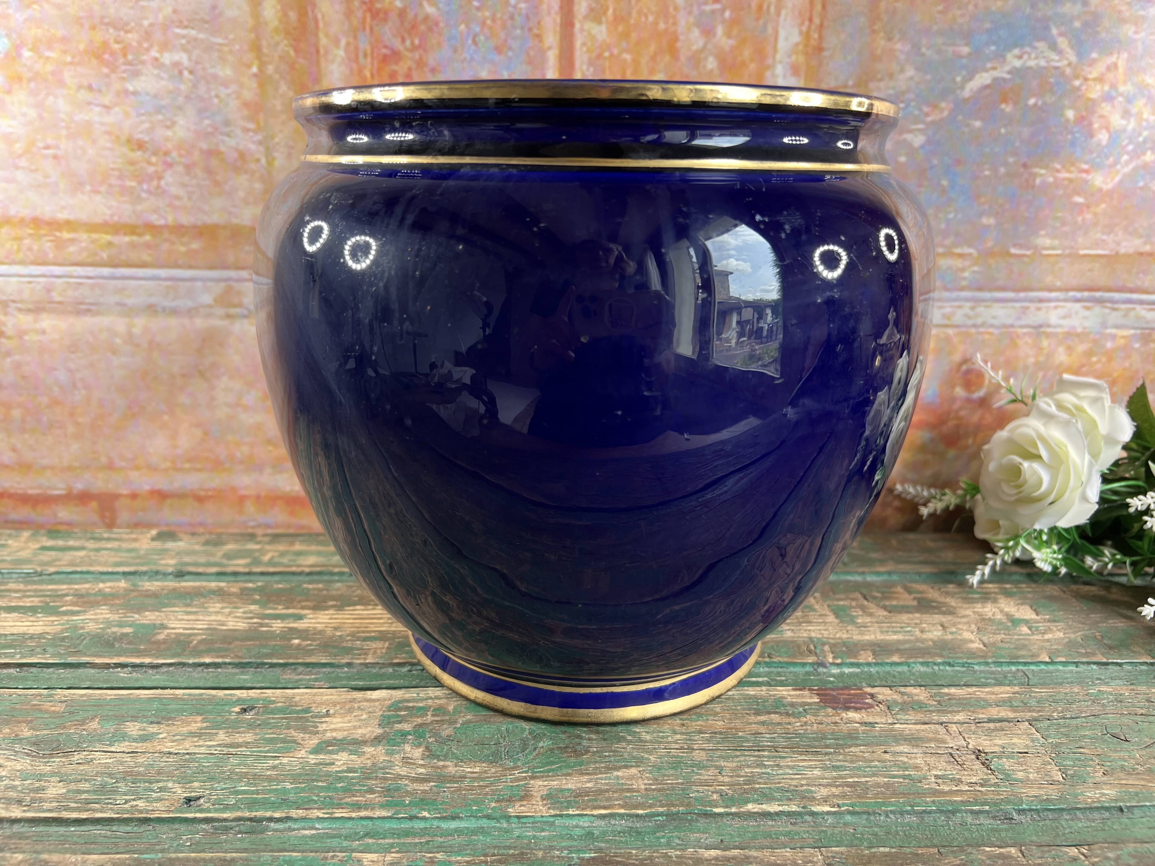 Large round old blue planter Luneville