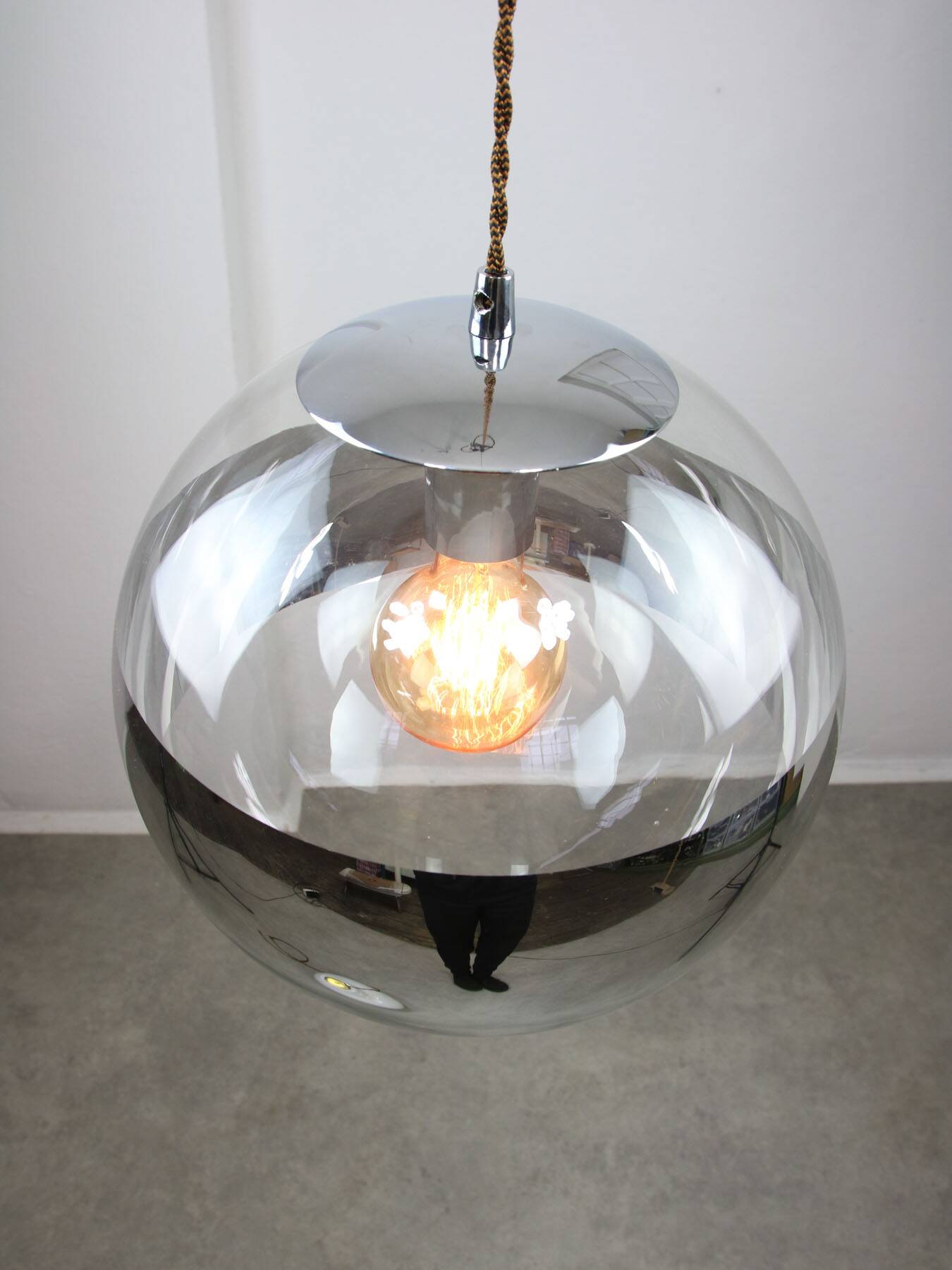 Suspension sphère vintage en verre et chrome, italie, 90s