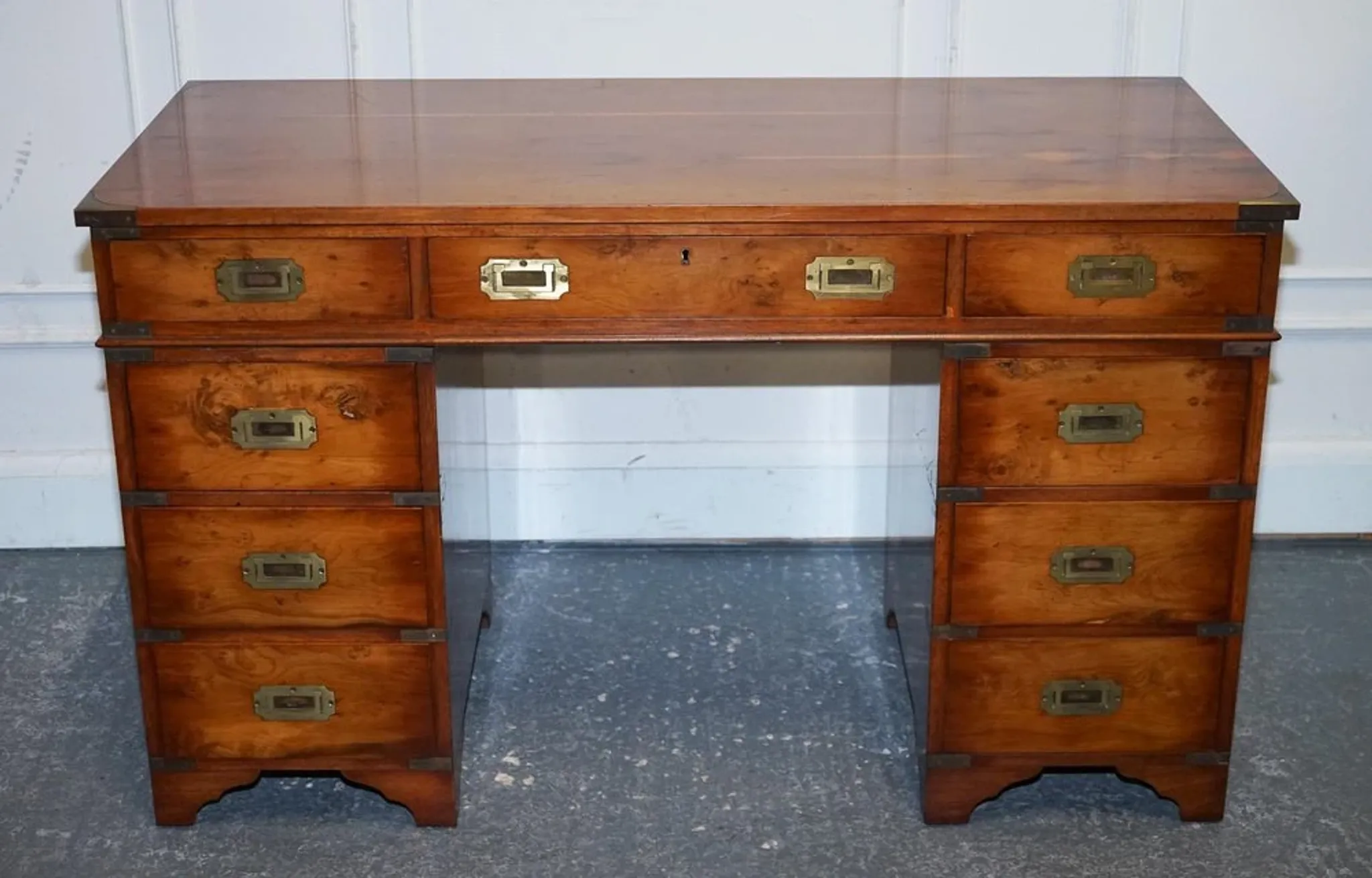 Vintage Military Campaign Twin Desk in Yew Wood