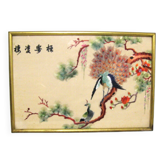 Paintings embroidery on silk. Signed. Japanese-type