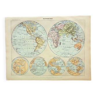 Gravure ancienne 1898, Mappemonde, carte, globe, plane • Lithographie, Planche originale