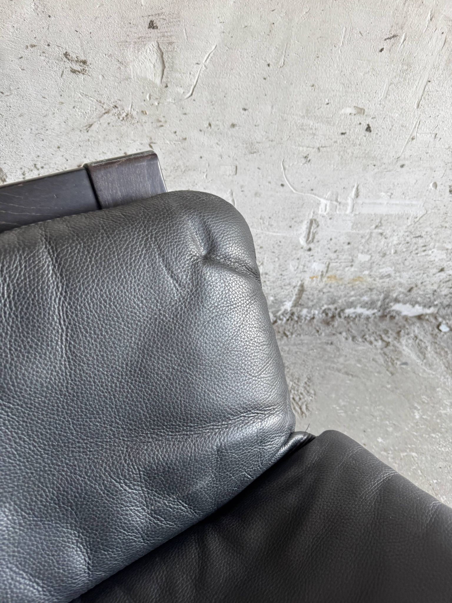 Vintage Scandinavian Black Leather Armchair with Ottoman — Solid Dark Wood Frame, Mid‑Century Modern