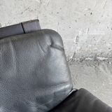 Vintage Scandinavian Black Leather Armchair with Ottoman — Solid Dark Wood Frame, Mid‑Century Modern