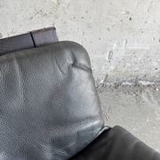 Vintage Scandinavian Black Leather Armchair with Ottoman — Solid Dark Wood Frame, Mid‑Century Modern