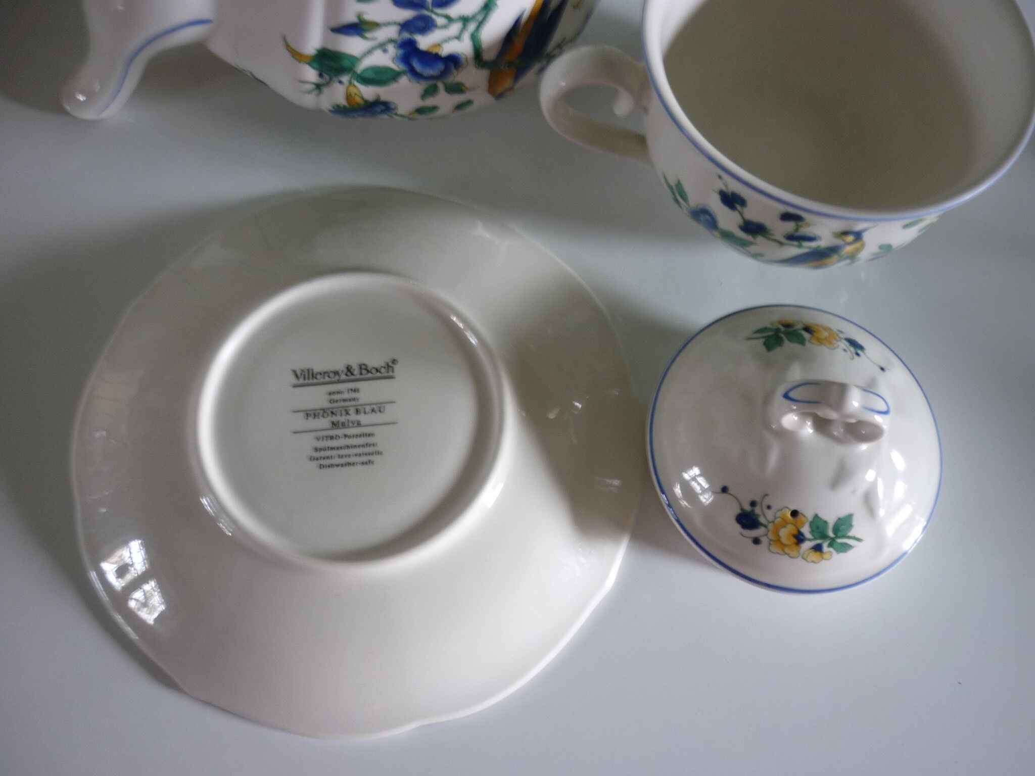 V&B Phoenix blue teapot and breakfast cup and saucer