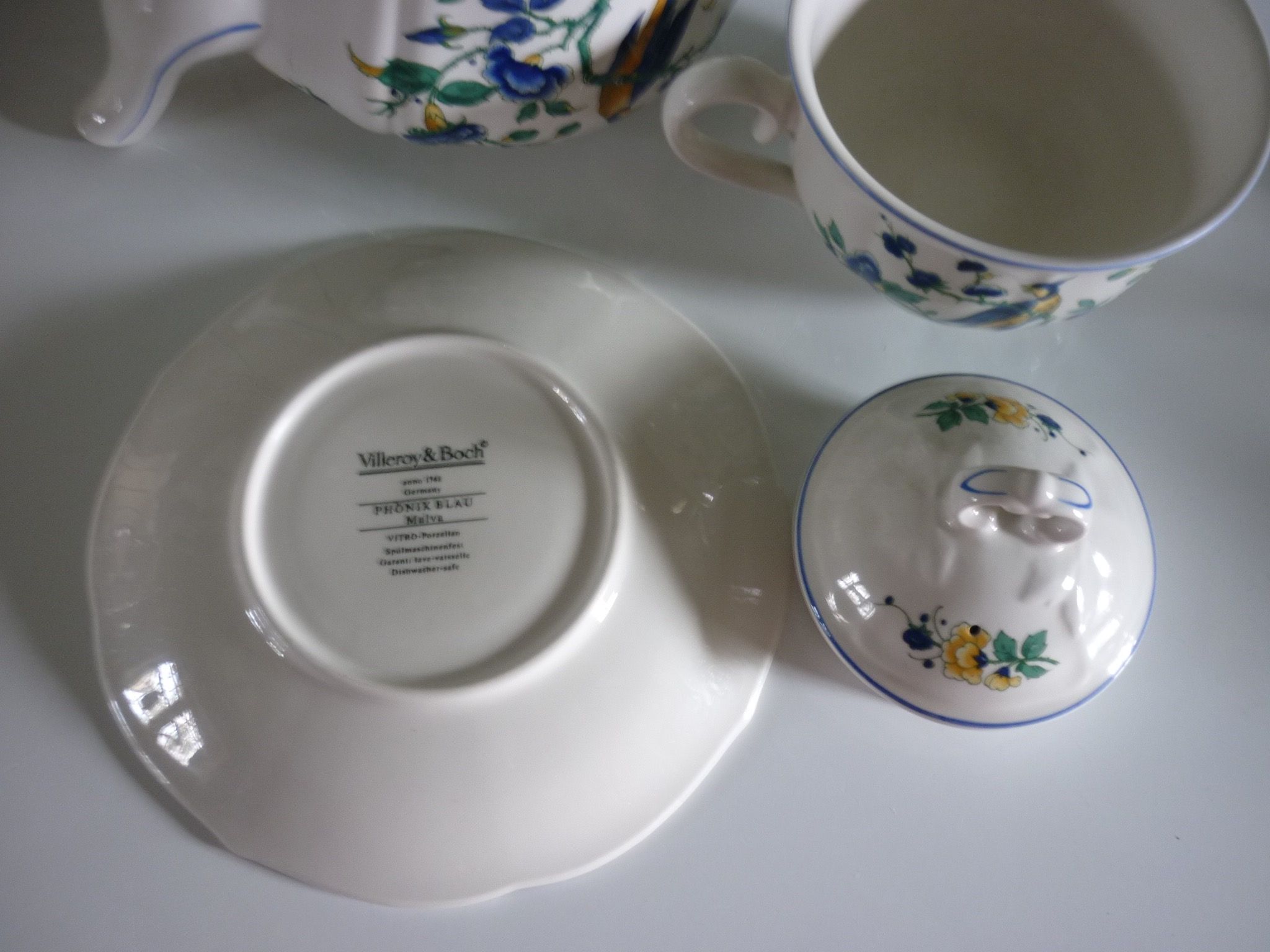 V&B Phoenix blue teapot and breakfast cup and saucer