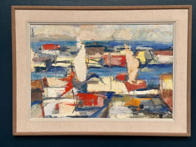 Original Swedish Oil on Canvas - "Abstract Harbour Motif" vintage