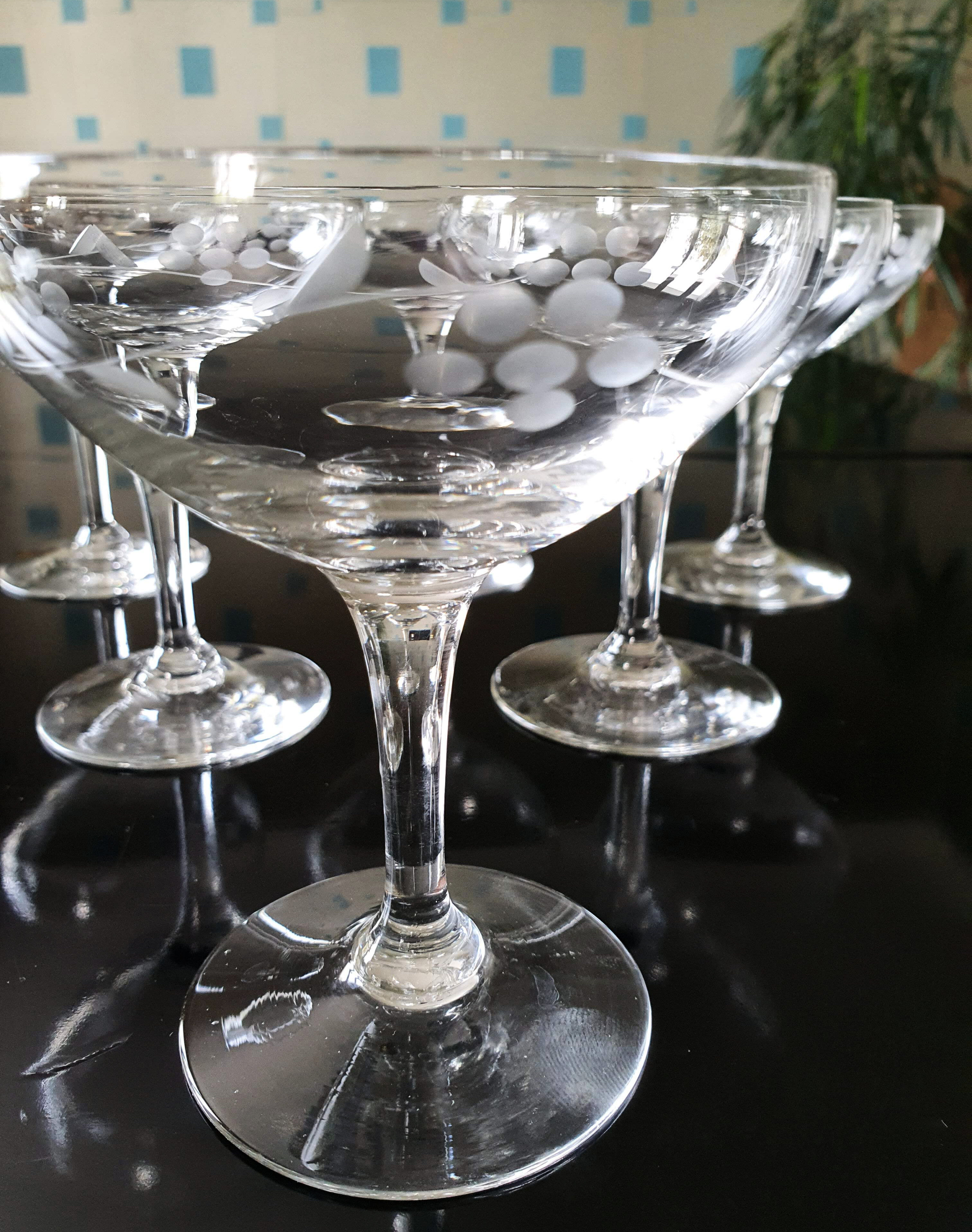 Engraved glass champagne cups