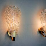 Pair of frosted leaf wall lights, Murano glass, Italy, 1970