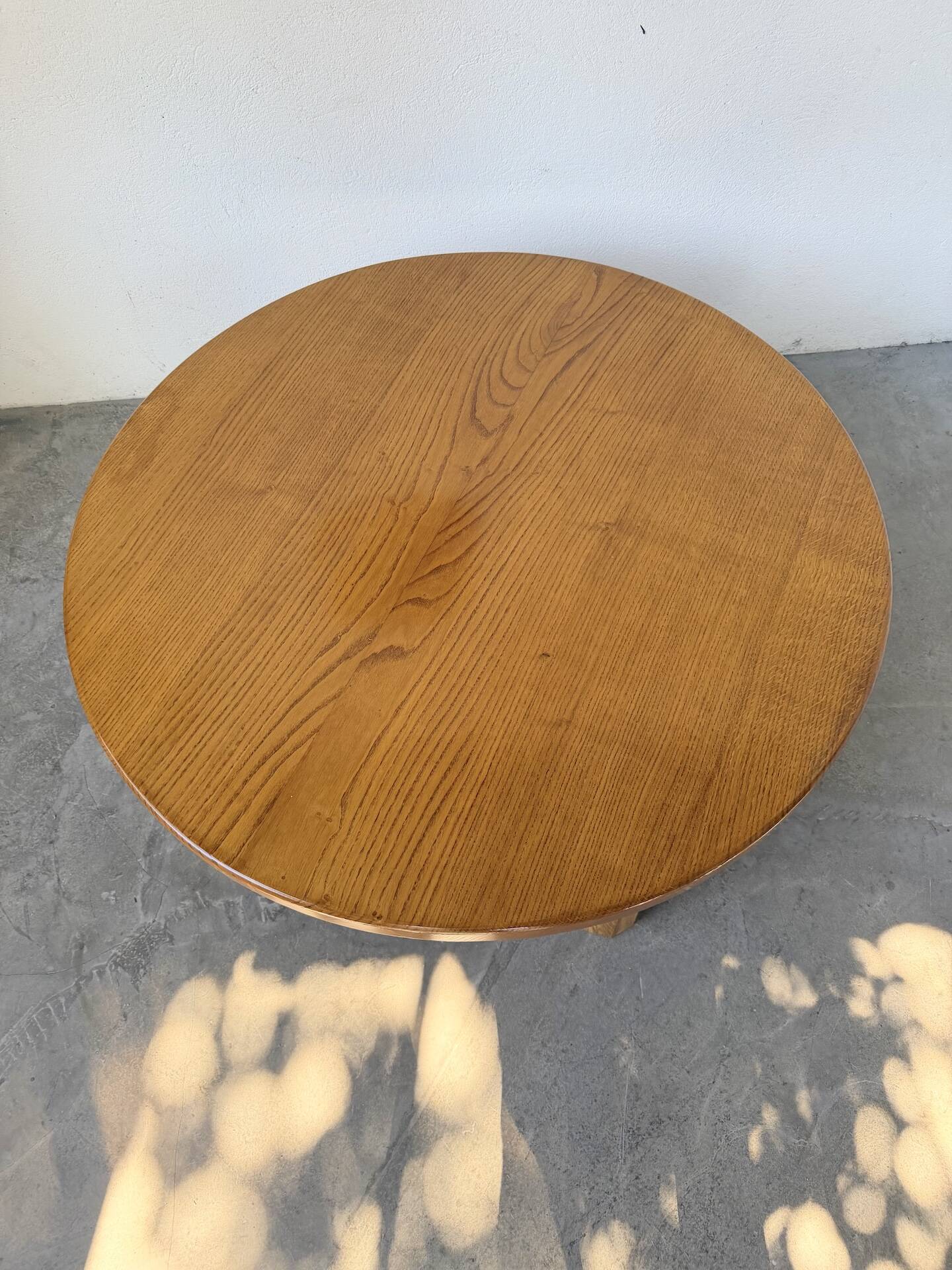 1950s round tripod oak coffee table