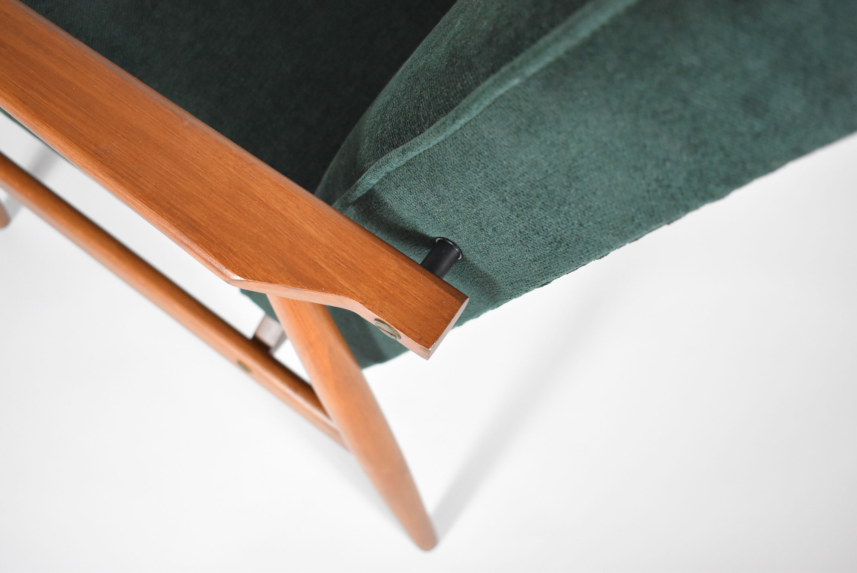 Vintage original polish armchair "Fox" designed by H. Lis 1970s, forest green fabric, restored