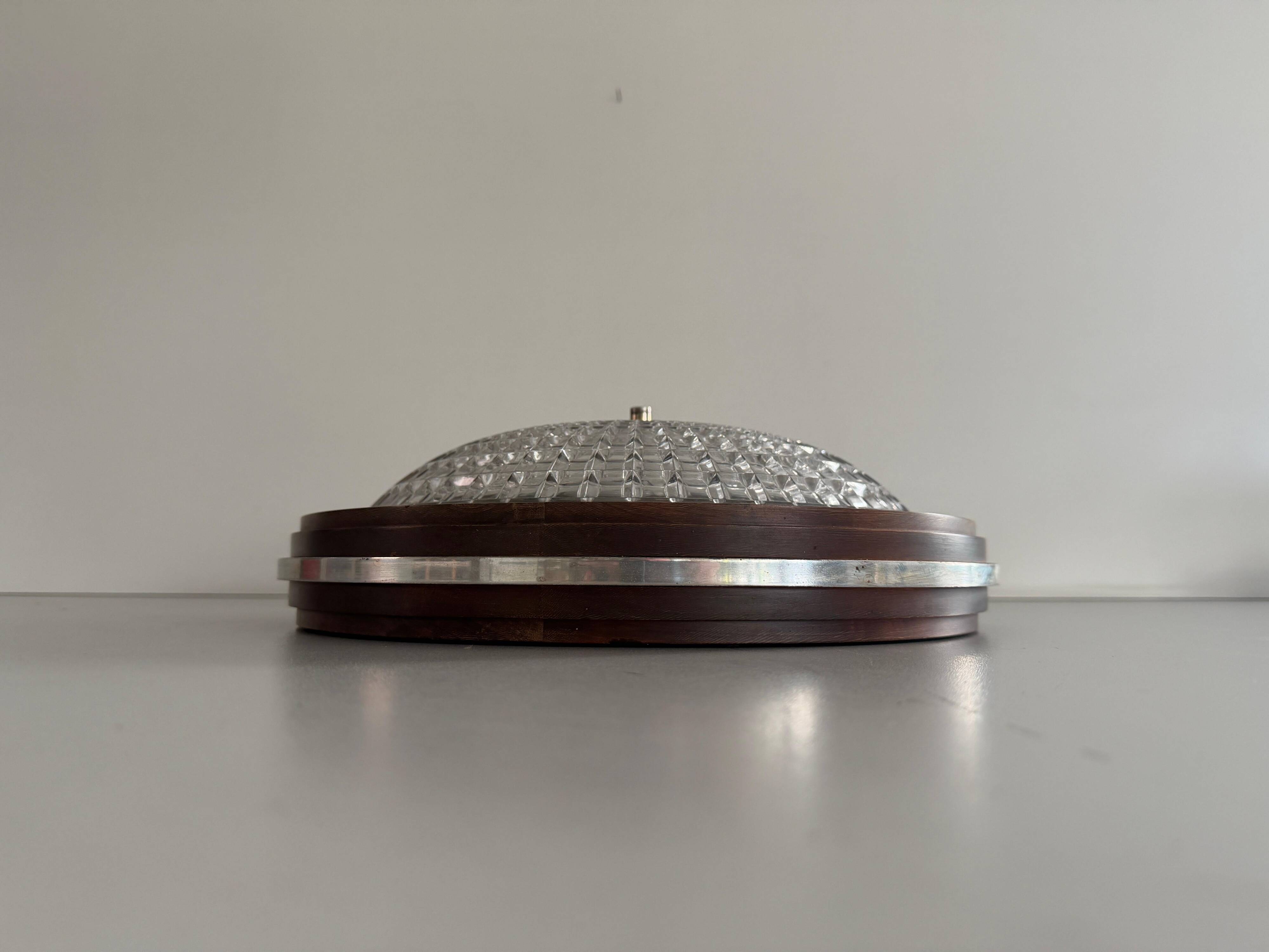 Flush mount in glass crystal and mahogany wood base, 1960s, Switzerland