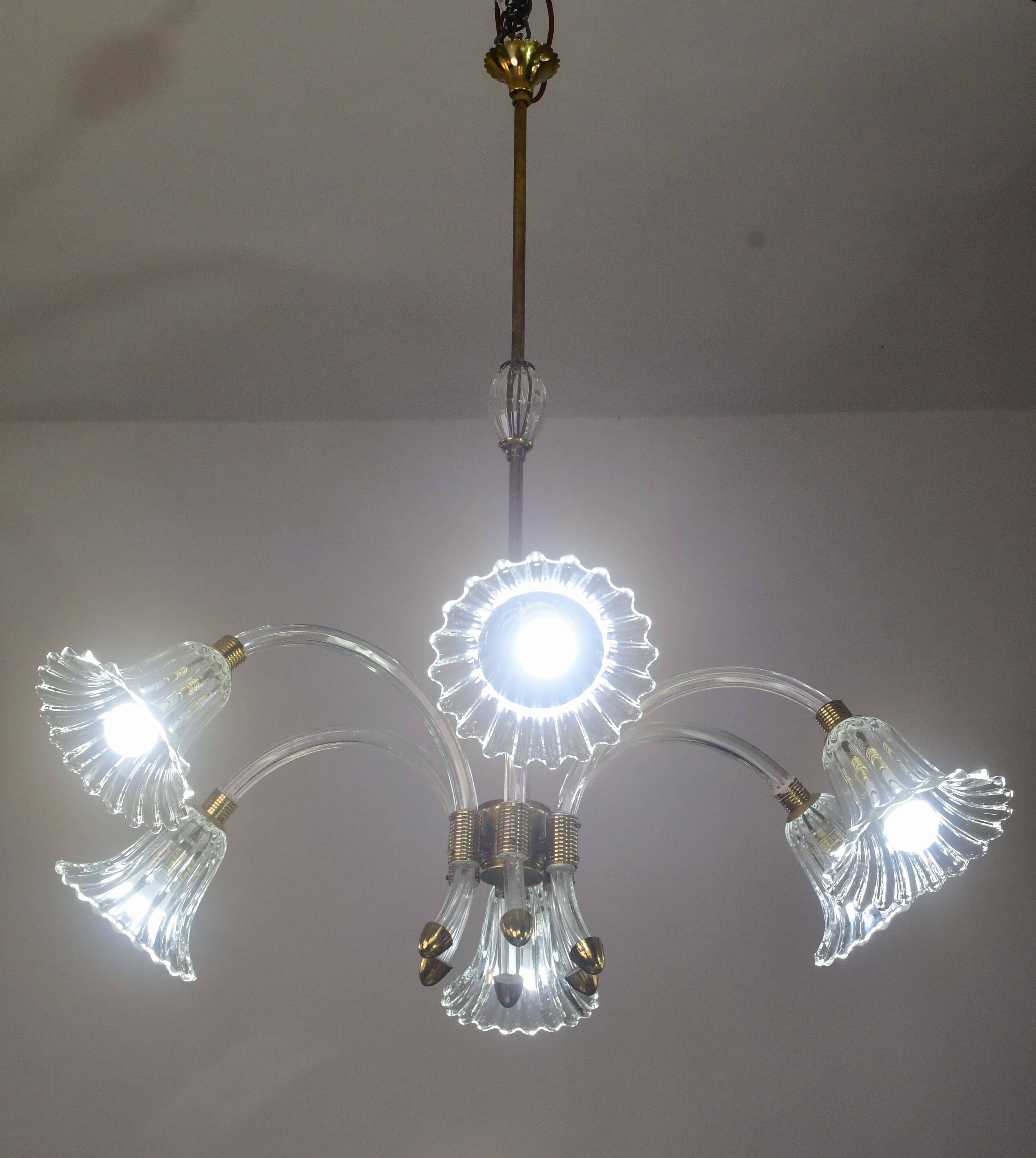 Amazing 6 light Art Deco Murano glass and brass chrome chandelier by Barovier