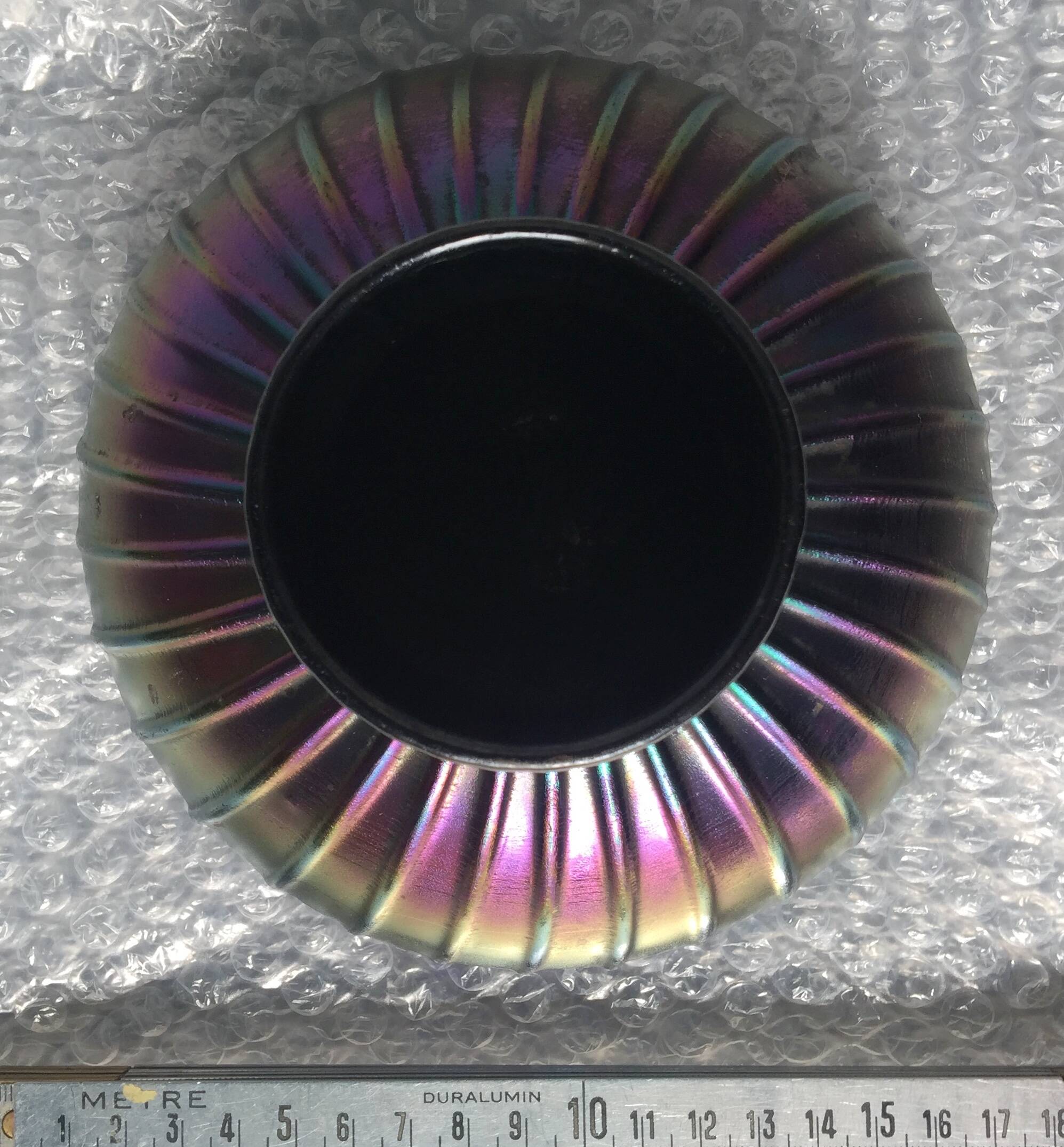 Vase with flat ribbed iridescent glass "peacock feather"