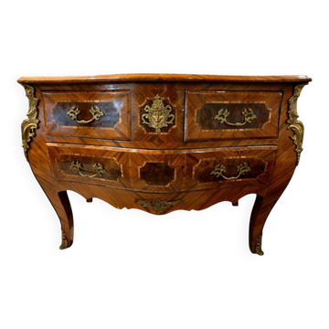 Louis XV style commode in marquetry and gilded bronze