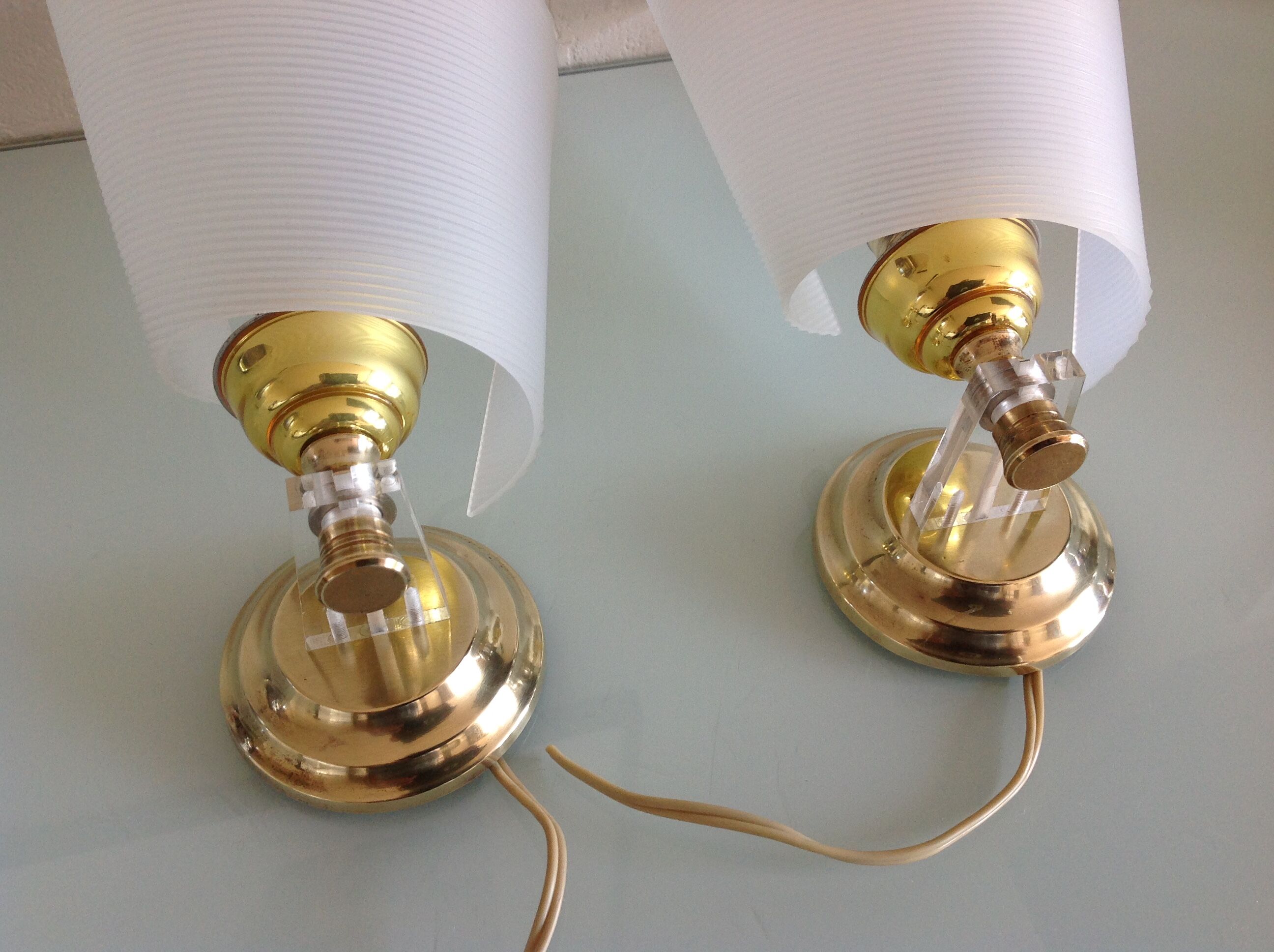 Pair of brass and perspex white /vintage 50-60s wall light