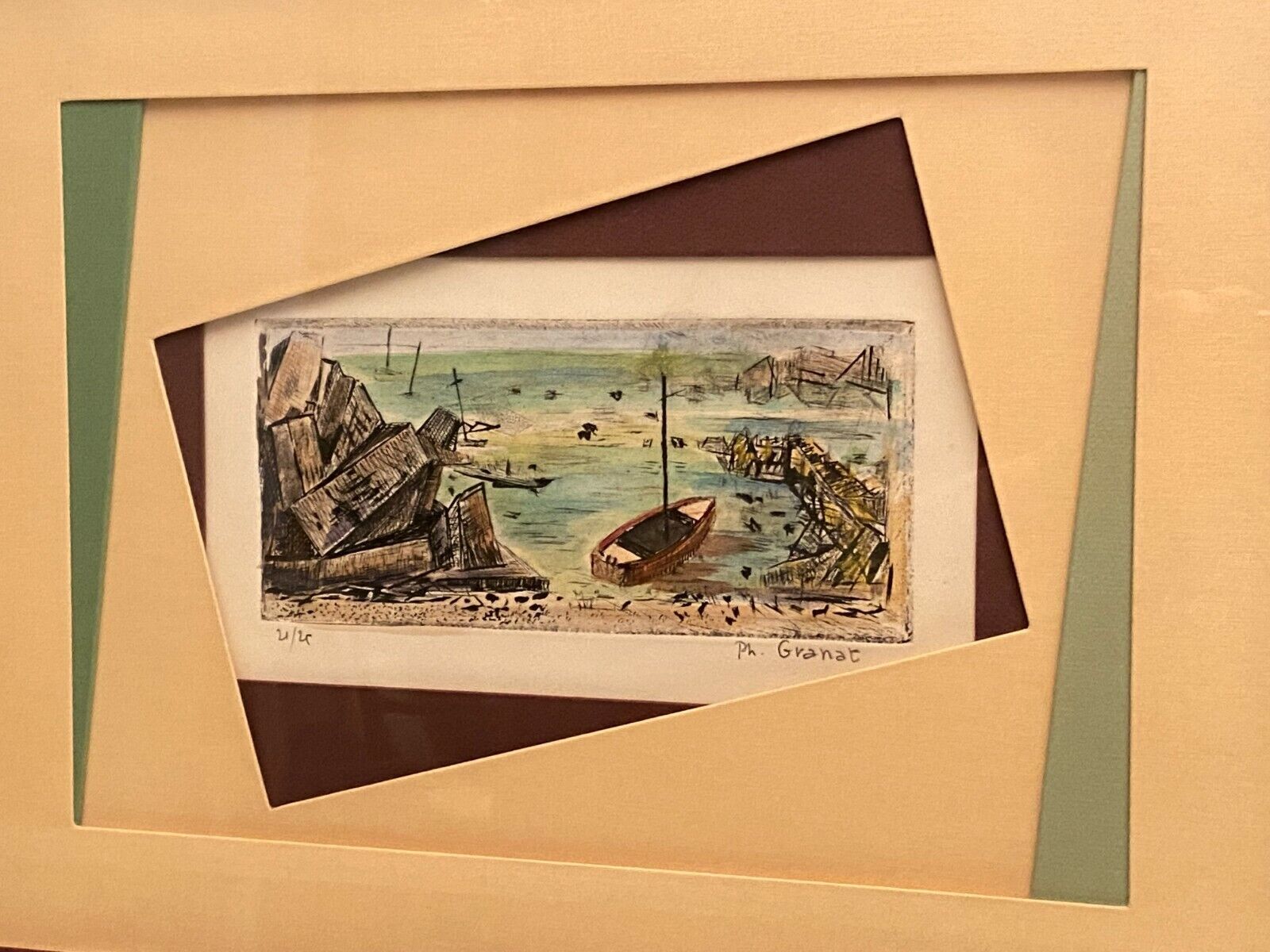 Original framed lithograph signed Ph. Granat numbered 21/25 seaside