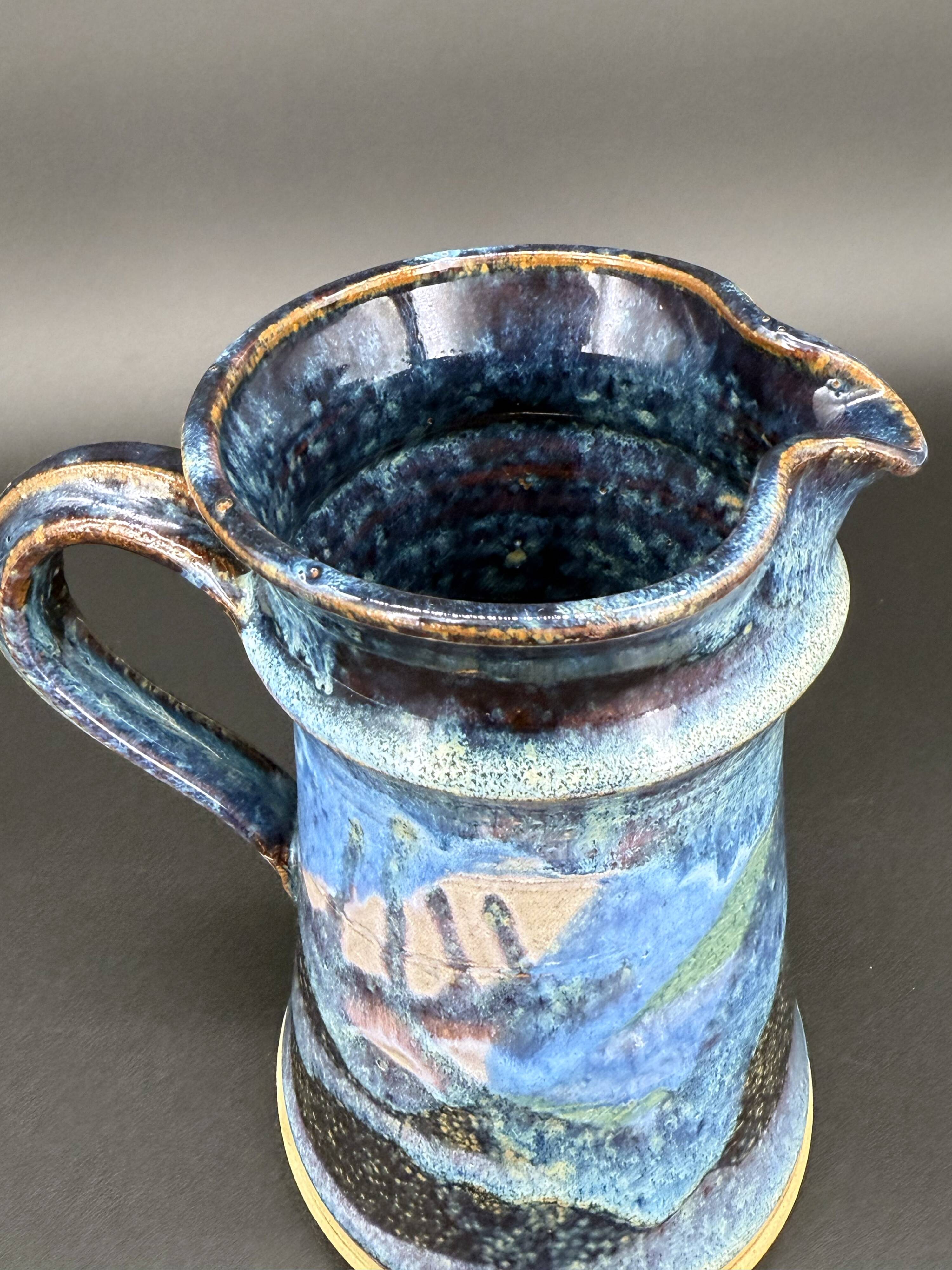 Blue foam glazed stoneware pitcher—Signed art ceramic